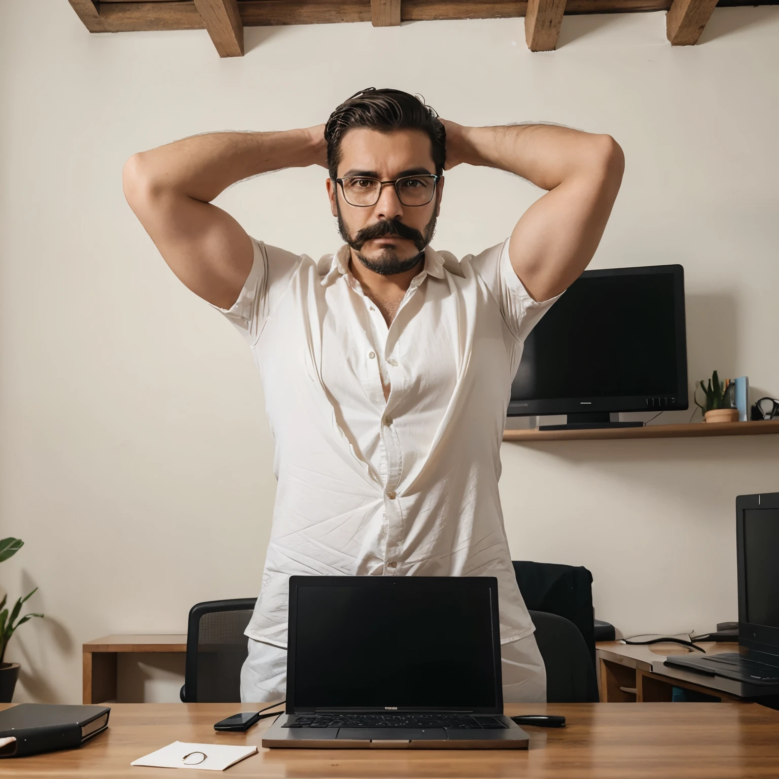 Hombre fuerte sin pelo con bigote y lentes sentado en su oficina reparando un laptop
