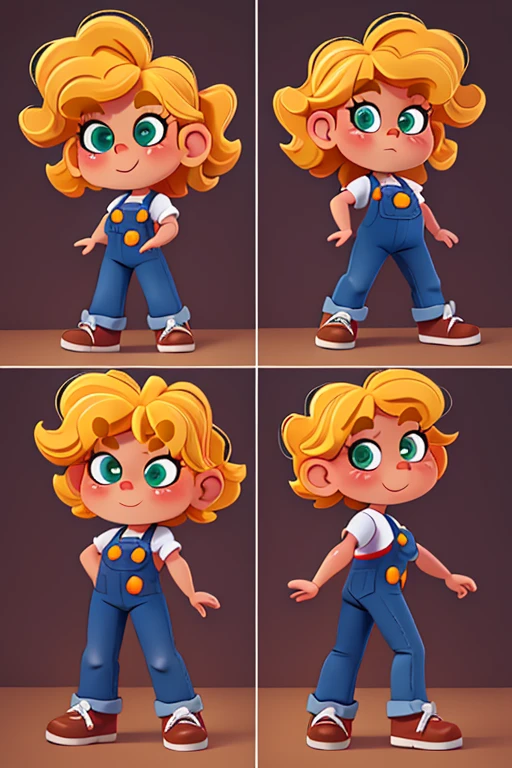 character sheet, several angles and postures, several face expressions, 2 year old girl, blond curly hair, green eyes, overall jeans