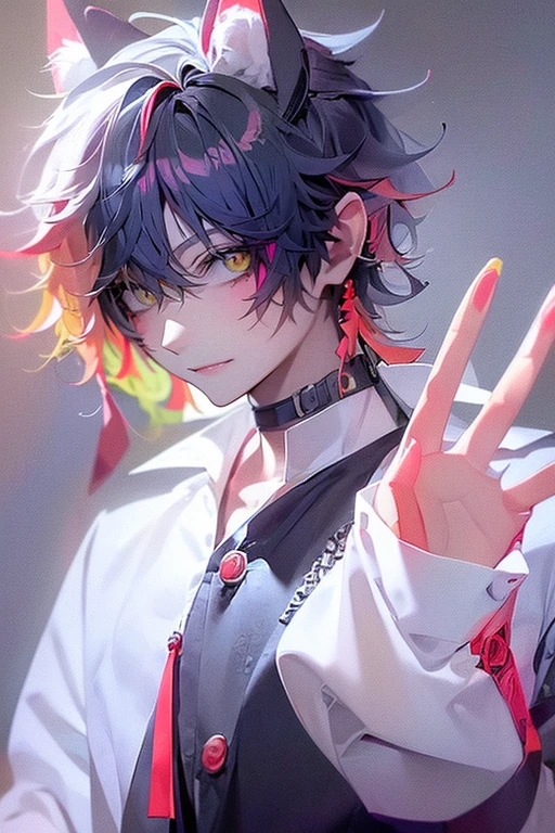 (4K works、(highest quality)、Korean Man、Adult male、((Adults 20〜30 years old))、((Adult older brother))、((white werewolf))、((Man with wolf ears))、((Looks like Hyunjin))、Cool guy、tall,((Strong Eyes))、((Cool werewolf fashion in black))、((Long sleeves and pants style))、((Make your face smaller))、thin,((Silver Short Hair))、((Heterochromia,Left eye yellow,right eye red,right eye: Red pupil,right eye glows red)),((Solo Photo))、Professional photos、((Werewolf Costume))