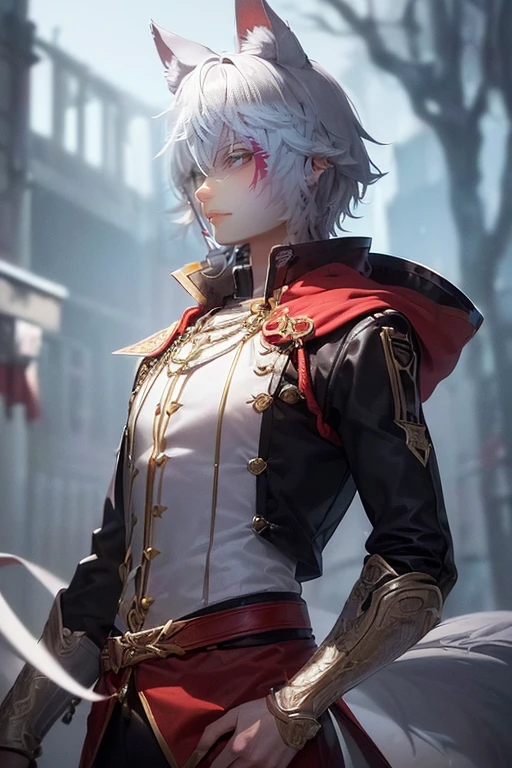 (4K works、(highest quality)、Korean Man、Adult male、((Adults 20〜30 years old))、((Adult older brother))、((white werewolf))、((Man with wolf ears))、((Looks like Hyunjin))、Cool guy、tall,((Strong Eyes))、((Cool werewolf fashion in black))、((Long sleeves and pants style))、((Make your face smaller))、thin,((Silver Short Hair))、((Heterochromia,Left eye yellow,right eye red,right eye: Red pupil,right eye glows red)),((Solo Photo))、Professional photos、((Werewolf Costume))(Absurd, High resolution, Very detailed), masterpiece, highest quality, Light and shadow, silverwolf,Wolf-eared males,Short cropped hair,Short bangs,Detailed face,Black Shirt,No hood,Thin chest,Slender,Clear, large eyes, ,Anime characters,White wolf anthropomorphic,good looking,youth, young,Handsome, ((Heterochromia, Left eye clear yellow, right eye紅のように赤く色付き輝く,right eye眼神,right eye眩しい目,),Mysteriously shining pupils, Fantasy,mysterious , Spectacular backdrop, Beautiful high floor,Octane Rendering, Beautiful Features, Beautiful and detailed eyes, Detailed face, Perfect skin texture, Extreme Detail, Whole-body vision, Cinema Lighting, Professional Lighting, profile,Shot with a Hasselblad X1D-50, Depth of written boundary, Perfect all-round lighting, (highest quality), (masterpiece), (Super detailed),, Far away from the subject,Wolf ears don't stick out from the screen,The whole body fits on the screen,Upper body only,smile,Don't stare at the audience,Shooting subjects from high places like a drone,Don't show a close-up of your face,Sweep your side hair back,No sideburn hair