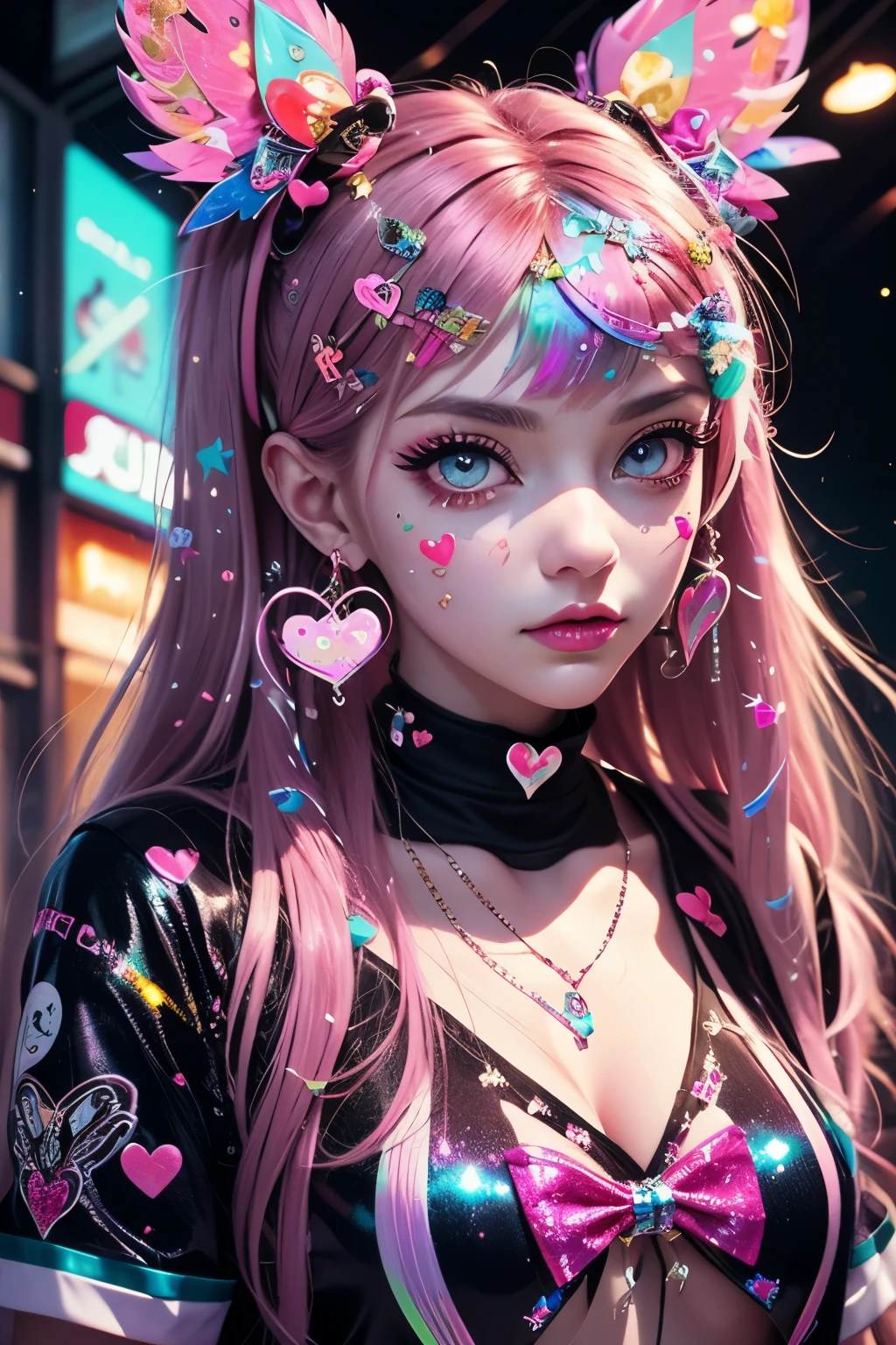 This is a Harajuku street-style masterpiece with extreme detail. Generate a trendy ((decora)) cyberpunk woman (standing) in the colorful and chaotic streets of Akihabara, Tokyo in the style of decora street style. The woman's decora and Harajuku street clothes are vibrant, with a mix of textures, neon colors, and inventive layering. Include oversized accessories like cute heart stickers on the woman's face, colorful hair clips and ribbons in different colors and sizes, and dynamic jewelry. (Her eyes are important) and should be symmetrical and detailed with interesting coloring and patterns. Include (iridescence) and (shimmer), glittering light, glowing neon signs, LED lights, (ultra detailed), dynamic composition