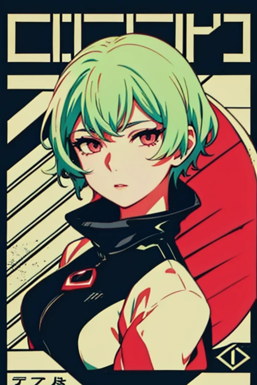 Girl with short wavy pastel green hair, with big red eyes, full lips, soft skin, hard eyes, with a hero aura.