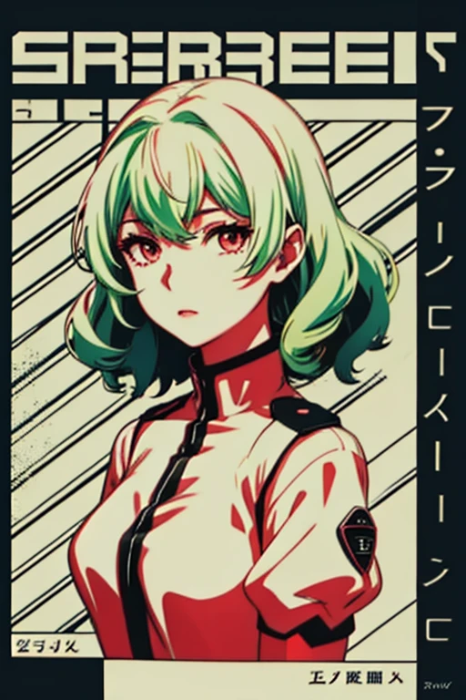 Girl with short wavy pastel green hair, with big red eyes, full lips, soft skin, hard eyes, with a hero aura.