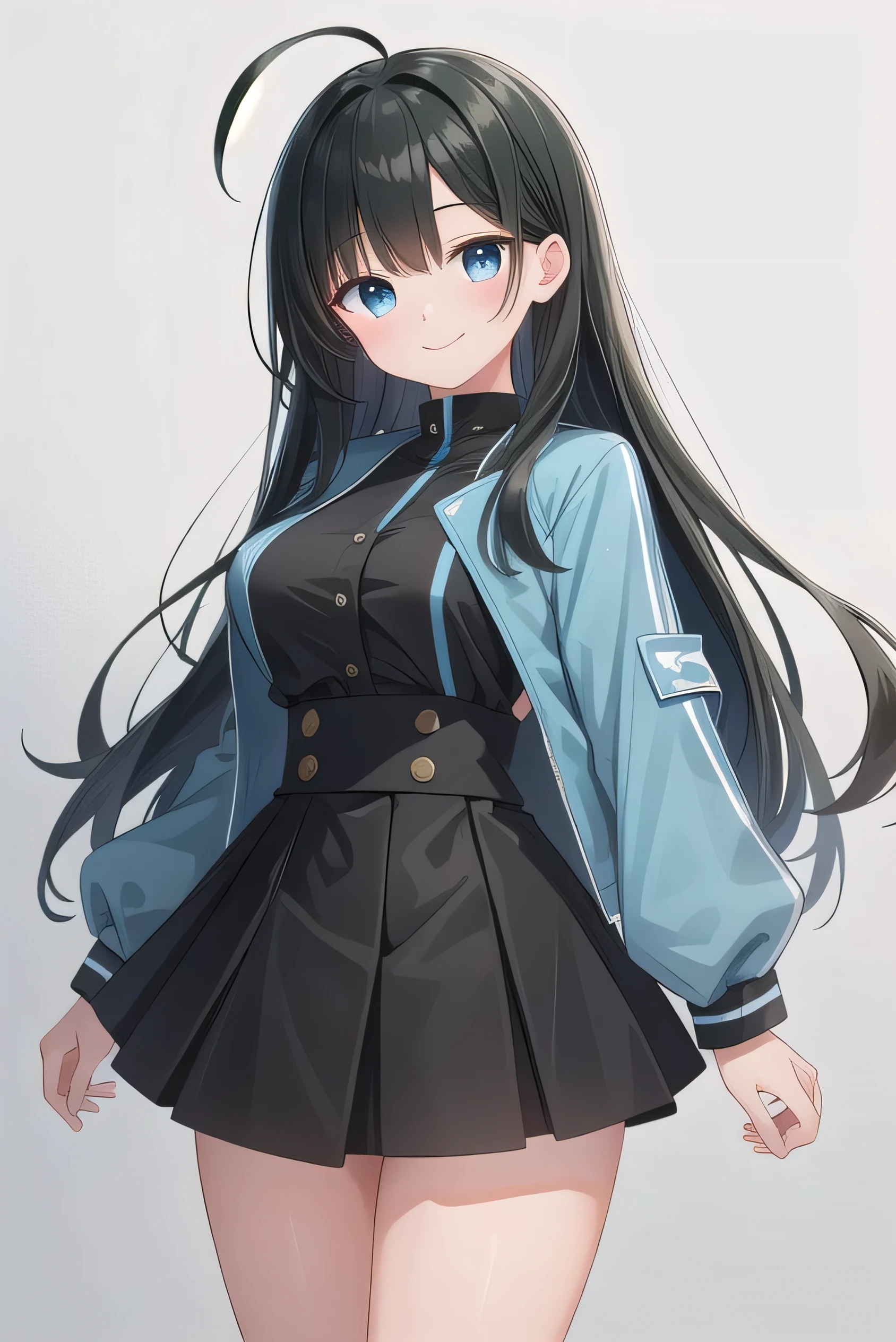 high schoolooks like an elementary school st short, 140 cm tall, black slight green tinge, short ahoge, beautiful long hair but with a little hair sticking out, beautiful round eyes, blue eyes, smile, boyish, long sleeves, Thick clothes, skirt, big breasts, hair longer than waist, long hair, childish face, gentle smile, a little shy, black skirt, black hair with a slight green tinge, boyish, gentle smile, jacket one size larger, ( Deep greenish black hair: 1.2)