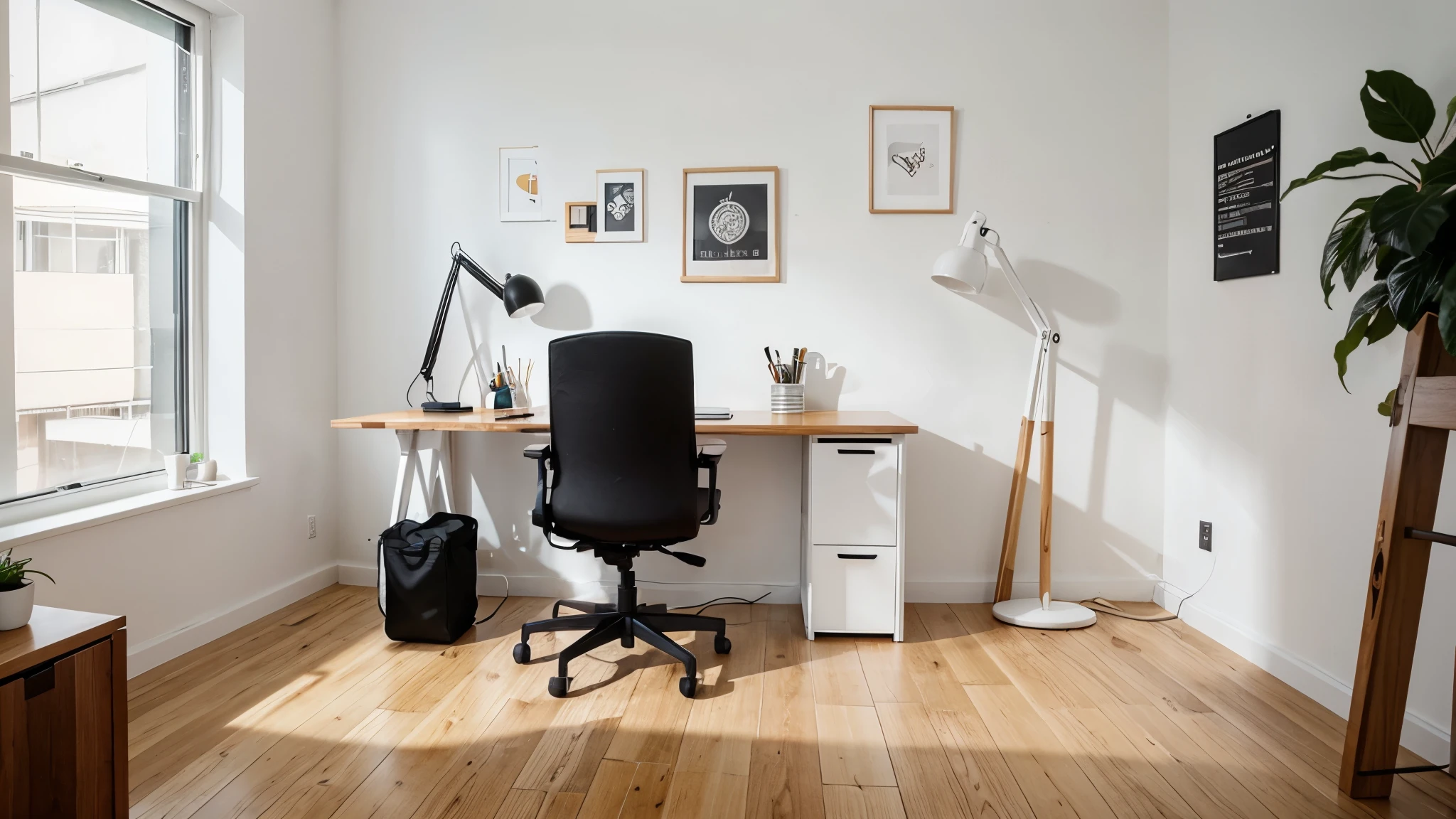 Home office with white walls, wooden table with black supports, black chair