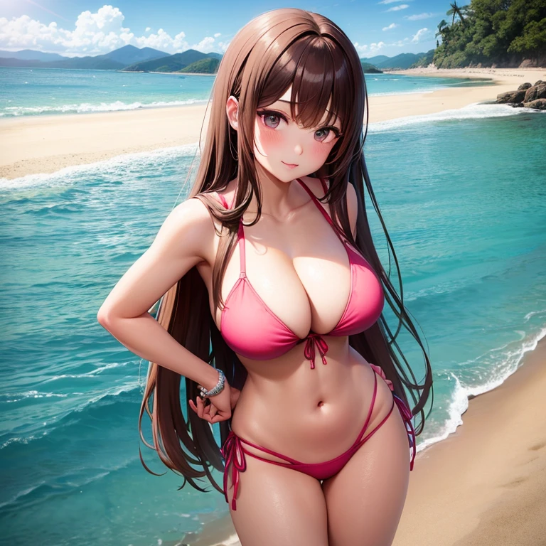 Girl, at the beach, wearing a pink bikini, brown hair, pink eyes, very long hair, standing, blushing, looking embarrassed, large breasts, feeble, cute, seductive