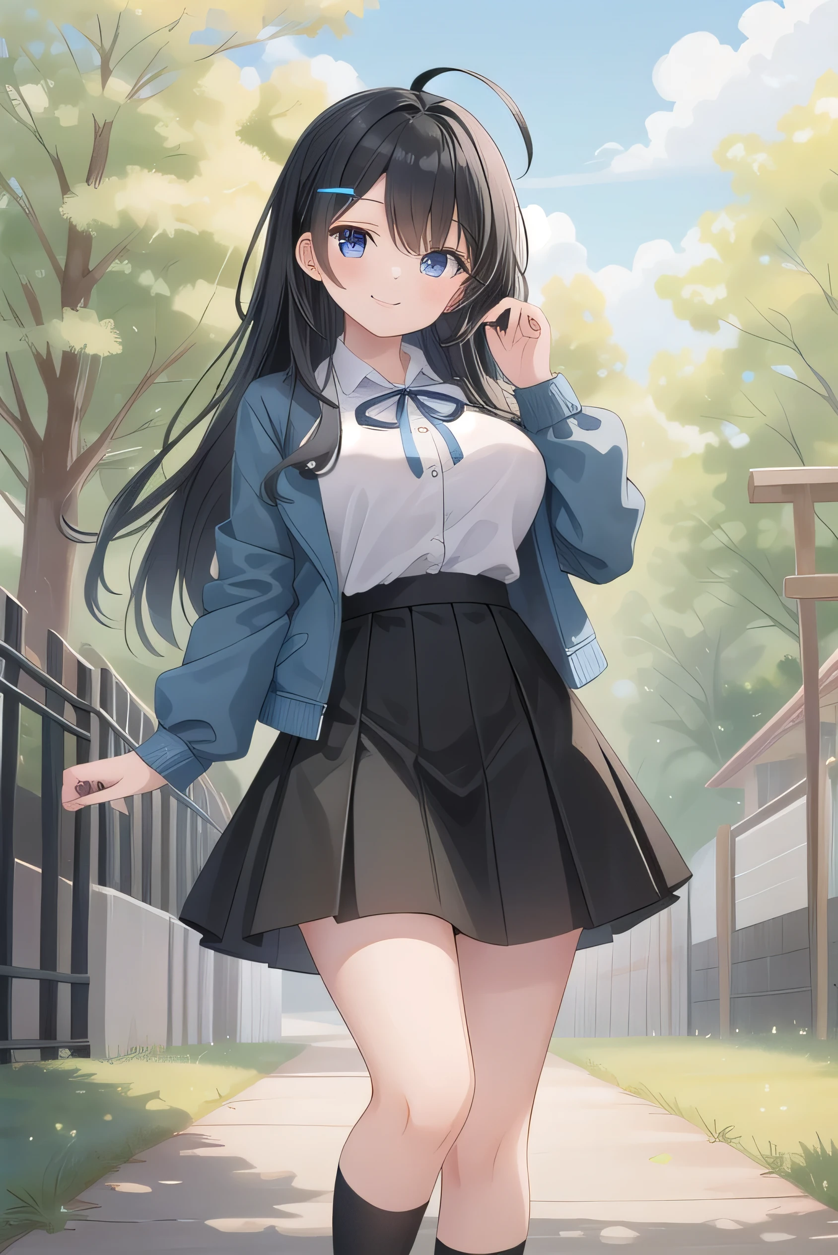  high schoolooks like an elementary school st short, 140 cm tall, black slight green tinge, short ahoge, beautiful long hair but with a little hair sticking out, beautiful round eyes, blue eyes, smile, boyish, long sleeves, Thick clothes, skirt, big breasts, hair longer than waist, long hair, childish face, gentle smile, a little shy, black skirt, black hair with a slight green tinge, boyish, gentle smile, jacket one size larger, ( Deep greenish black hair: 1.1)