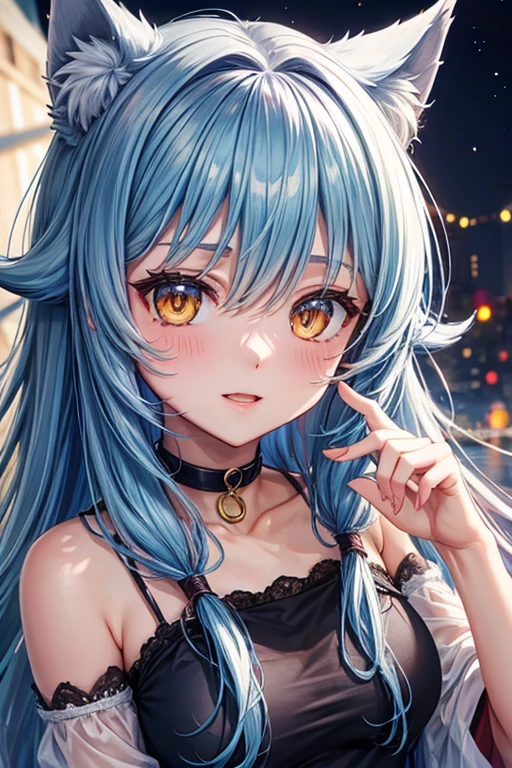 ((melhor qualidade)), ((Obra de arte)), (detalhado), rosto perfeito beautiful happy orange eyes blue hair makeup girl. with beautiful pink tank whit close in your face