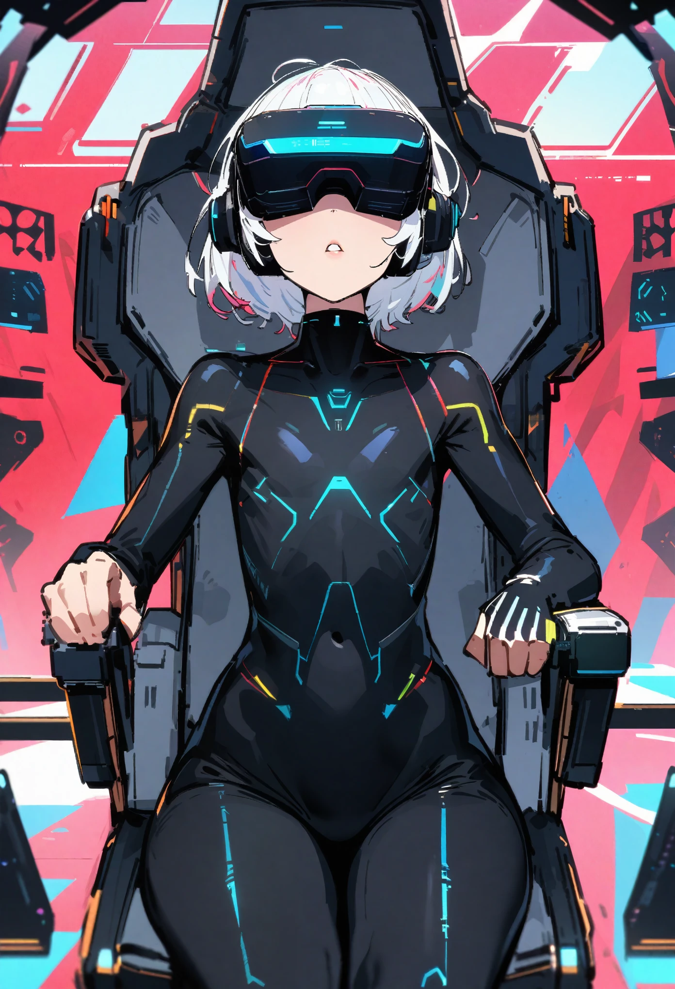 front view, 1boy, trap, effeminate boy, , somewhat tall, full lips, black bodysuit, flat chest, wide hips, sitting in chair, spaceship command deck background, short white hair, wearing VR headset, ultra-detailed, sketchy style, UHD, UHD, UHD