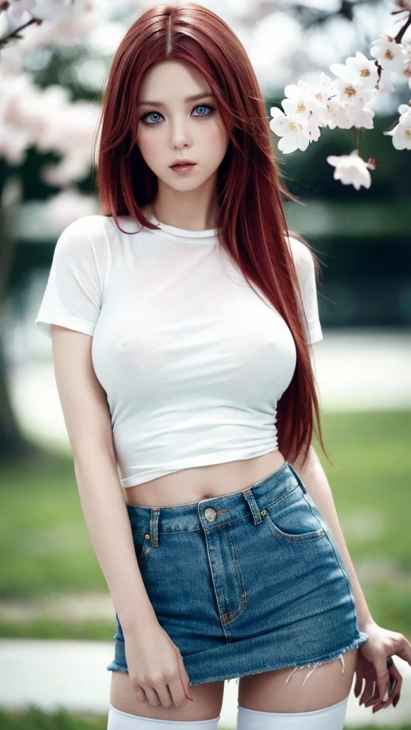 Ultra realistic, incredible high quality, red-haired girl, seductive leaning forward detailed skin, very pale-white (highlighted) skin, goth makeup, ultra realistic, 16k, high quality, picture-perfect, flawless, clean, masterpiece, professional artwork, detailed artwork, cinematic lighting, cinematic bloom, realistic shading, (long red hair)),(1girl, beautiful korean girl),perfect face, (young:1.1),((fit figure)),((25 year old)), beautiful face, beautiful turquoise-blue eyes (cute eyes look), detail eyes, detail face, (((perfect female body, narrow waist))),(large breasts:1.3)lora:GoodHands-beta2:1>, , ((girl standing)),upper body, white shirt, jeans skirt and pantyhose clothing (realistic texture), thick legs, thick thighs, blade to side, strike pose,blade down,blade right hand,, cherry blossoms,, blurred background (masterpiece, best quality, high quality, highres, ultra-detailed), different poses at different angles.
