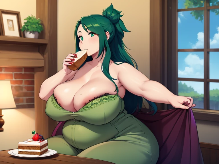 ((masterpiece,best quality)), caroline\(stardew valley\), solo, free long hair, Green hair, green eyes, @_@, big breasts, Green bra, openned brown long skirt, farm bedroom, indoors, sitting in bed, chubby, mom body, wide thighs, sexy, stardew valley, playing with belly, happy, Belly stuffed, fat hips, force feeding herself, eating, clothes ripping, cake stuffing