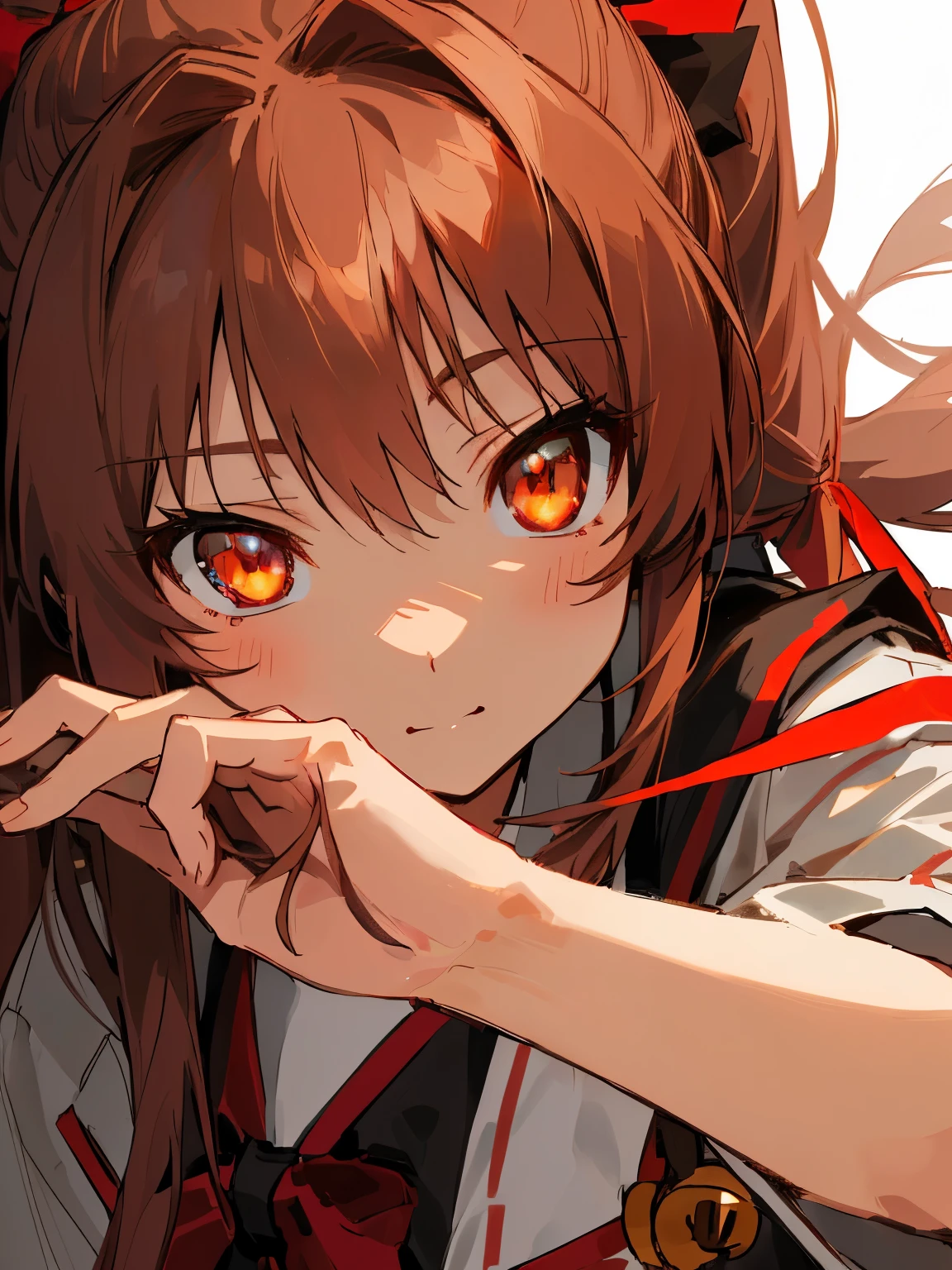 rin natsume from little busters, red eyes, beautiful face,detailed eyes, clarity eyes, tail hair, brown hair, bell hairpin tail, ponytail, beautiful face, detailed pupils, beautiful eyes, detailed hooks, beautiful hands