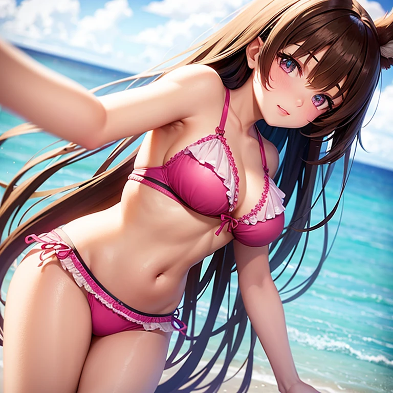 Girl, at the beach, wearing a pink frilly bikini, brown hair, pink eyes, very long frilly hair, standing, blushing, looking embarrassed, large breasts, feeble, cute, seductive