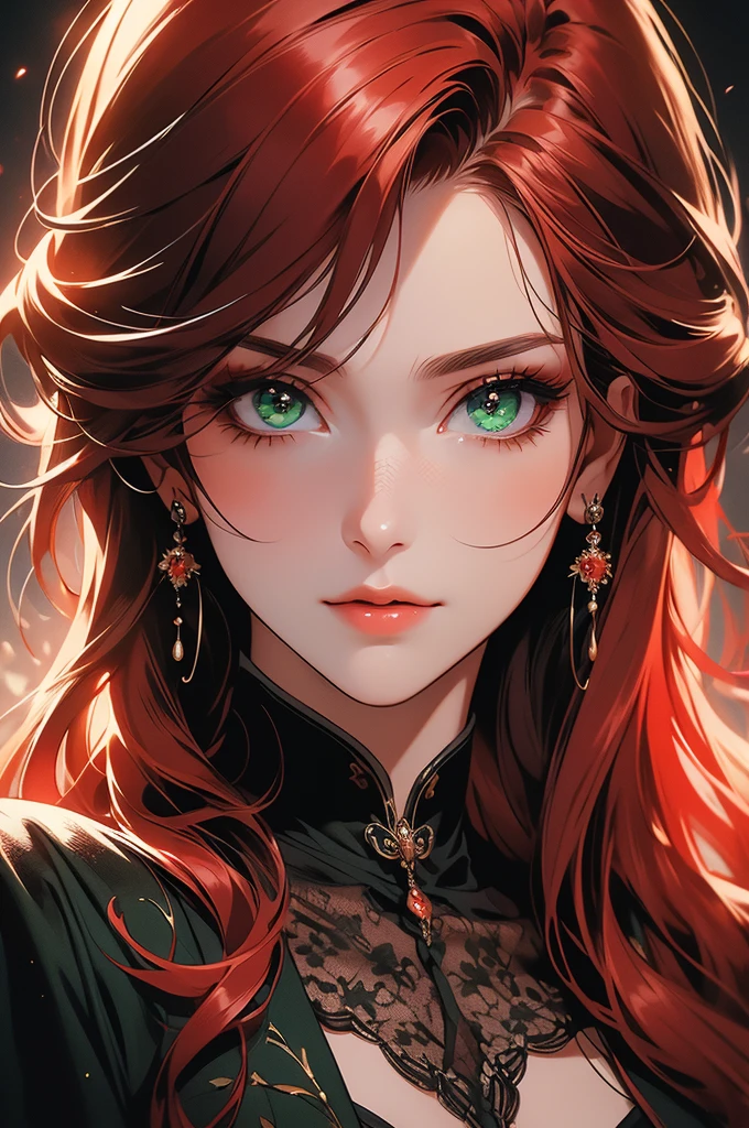 (masterpiece, ultra detailed image, 32k, 8k), mature woman, beautiful face, long red hair, deep green eyes, sexy expression on her face, noble black clothes, (image focused on the character's face, character looking fixedly at the spectator, shiny hair)