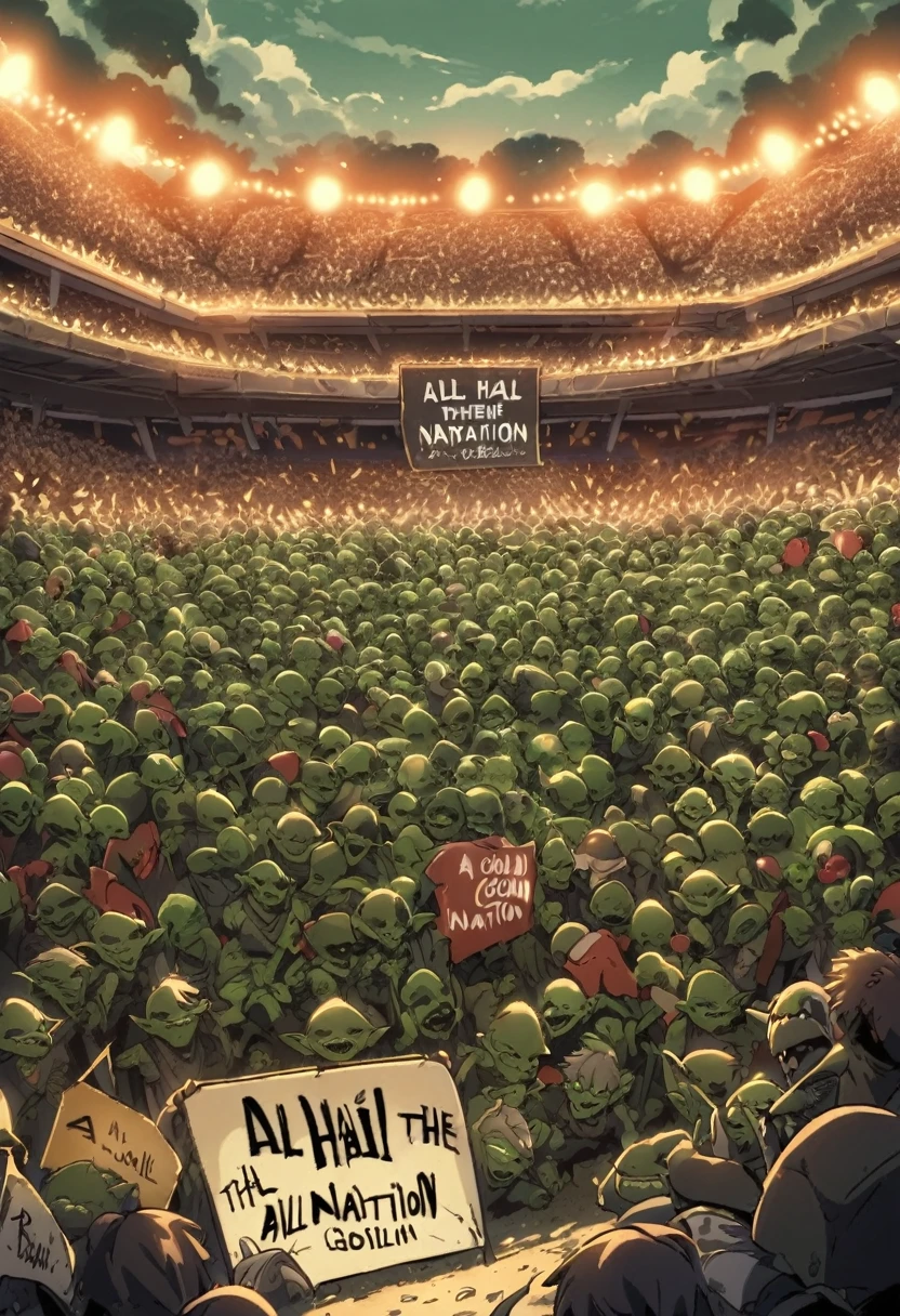 A rock concert with pyrotechnics in a giant stadium.- A small mosh pit of goblins and kobolds surround by humans at a rock concert. A single goblin crowd surfing holding a sign that says “All hail the goblin nation!”. - in a landscape format