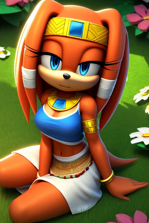 Masterpiece, high quality, studio quality, intricate details, 4k, 1girl, solo, Tikal the Echidna, dress, flower garden, eyes open, blue eyes, big breasts, midriff