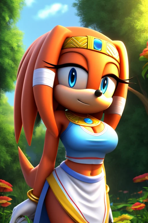 Masterpiece, high quality, studio quality, intricate details, 4k, 1girl, solo, Tikal the Echidna, dress, flower garden, eyes open, blue eyes, big breasts, midriff