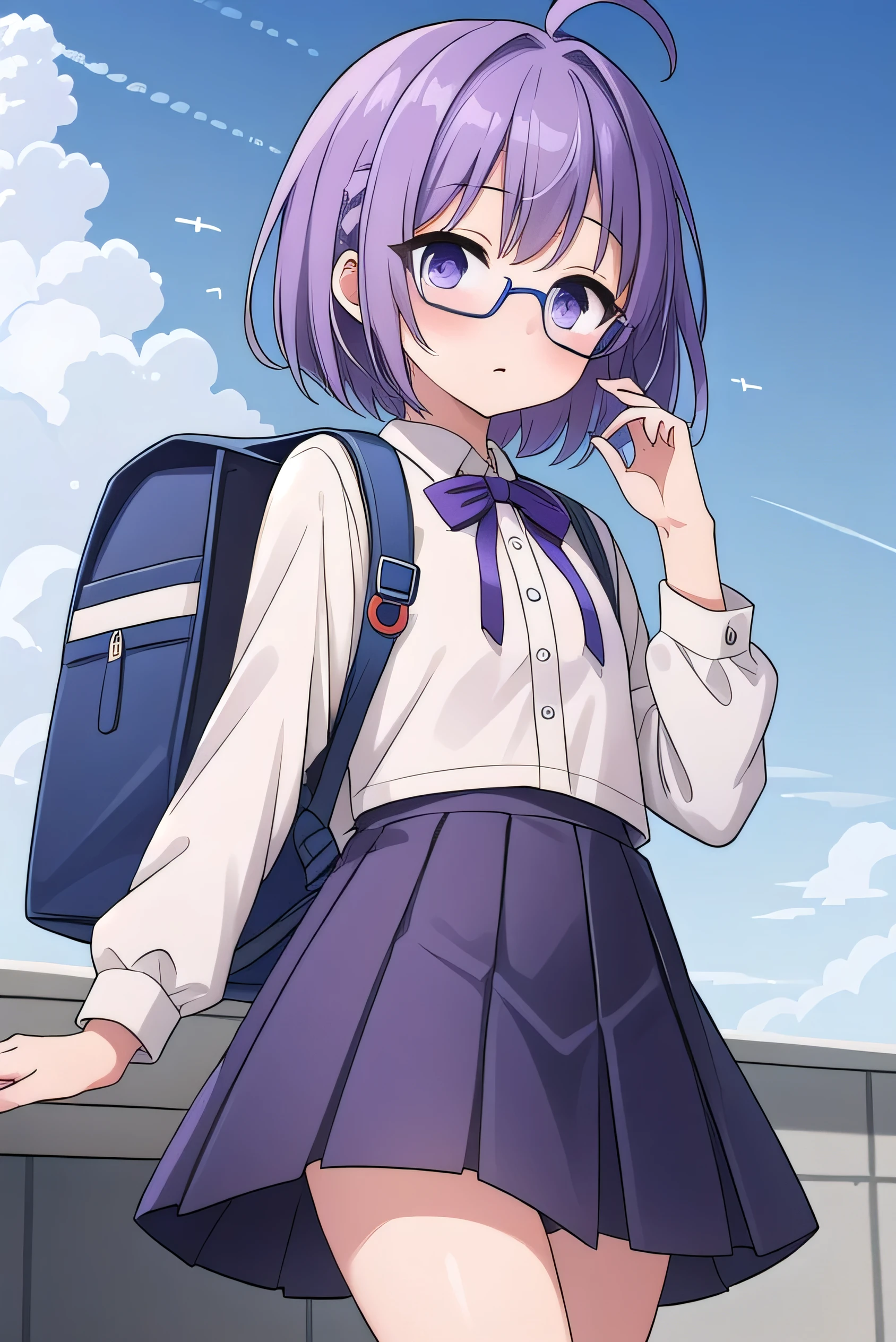 (Purple hair:1.4), gray eyes, white , navy blue miniskirt, 11 years old, short, short long hair, kind expression, shy, backpack, almost no breasts, slightly exposed. hair,(flipped hair ), flipped hair, long sleeves, ahoge, girl alone, flipped hair, flipped hair, flipped hair, flipped hair, glasses with no edges, embarrassed, flat chest