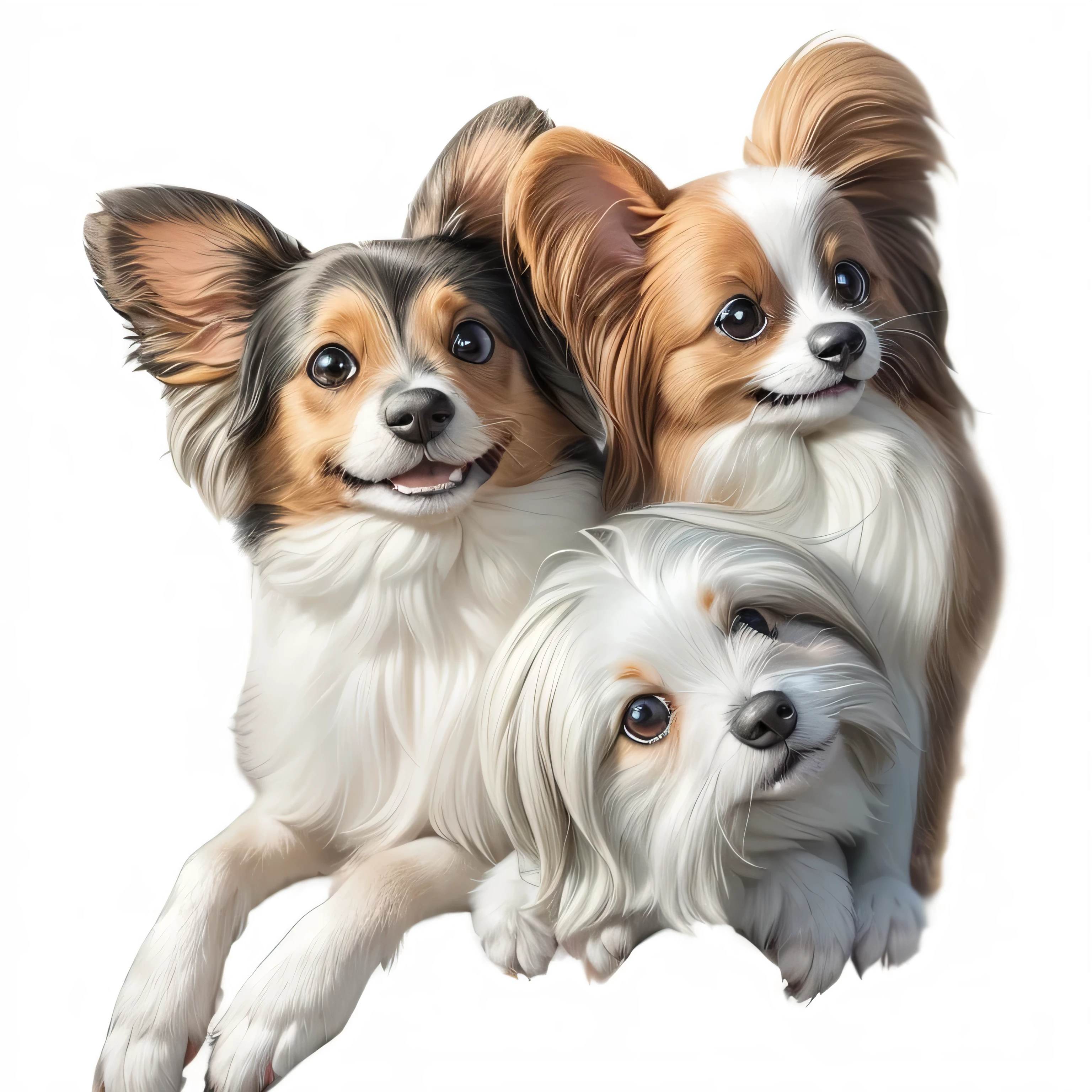 3 cachorros femea, 2 of the Papillon breed and 1 of the Maltese breed, sorrindo, felizes, ao fundo uma floresta colorida