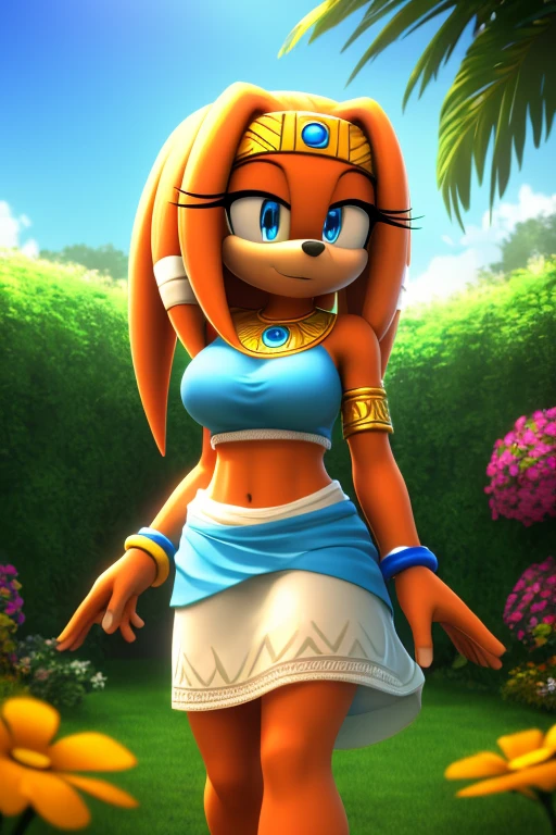 Masterpiece, high quality, studio quality, intricate details, 4k, 1girl, solo, Tikal the Echidna, dress, flower garden, eyes open, blue eyes, big breasts, midriff