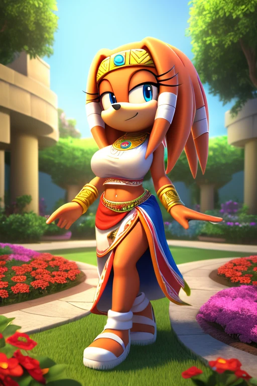 Masterpiece, high quality, studio quality, intricate details, 4k, 1girl, solo, Tikal the Echidna, dress, flower garden, eyes open, blue eyes, big breasts, midriff