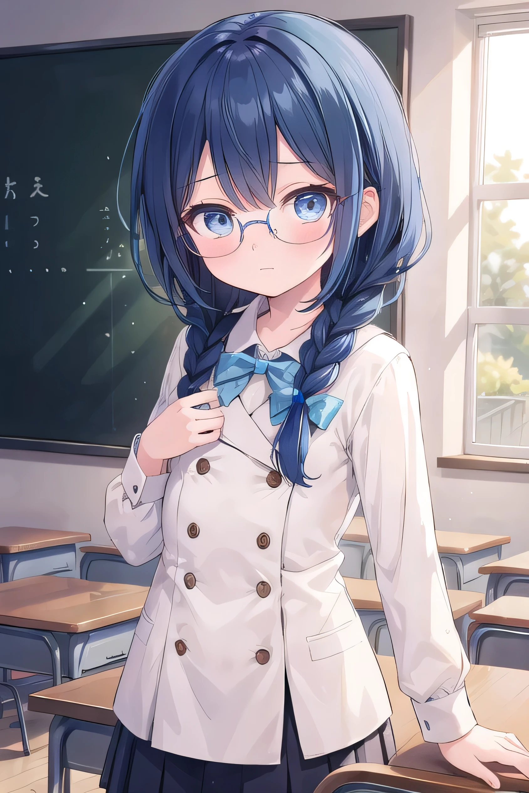 small breasted girl, short, elementary school student, blue hair, fishtail braid, blue eyes, round eyes, shy, shy, classroom, short, young face, short height, , glasses with no edges,flat chest,