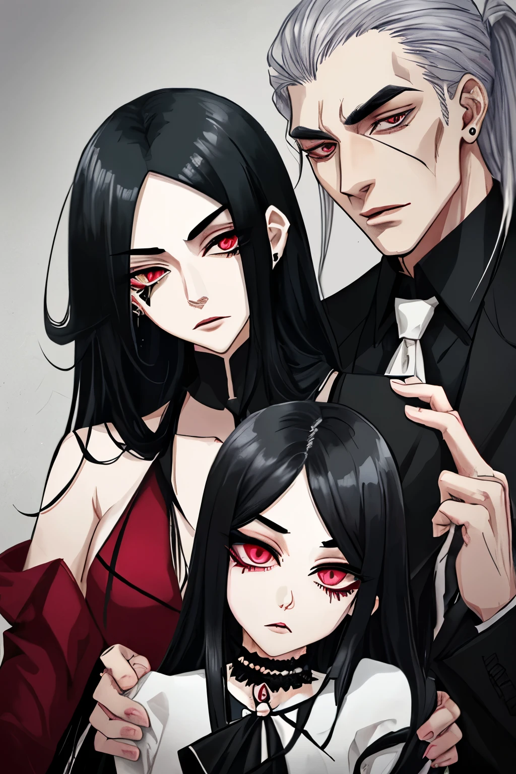 mobster, long black hair with elastic, eyebrow piercing, twin woman and man and his father and mother