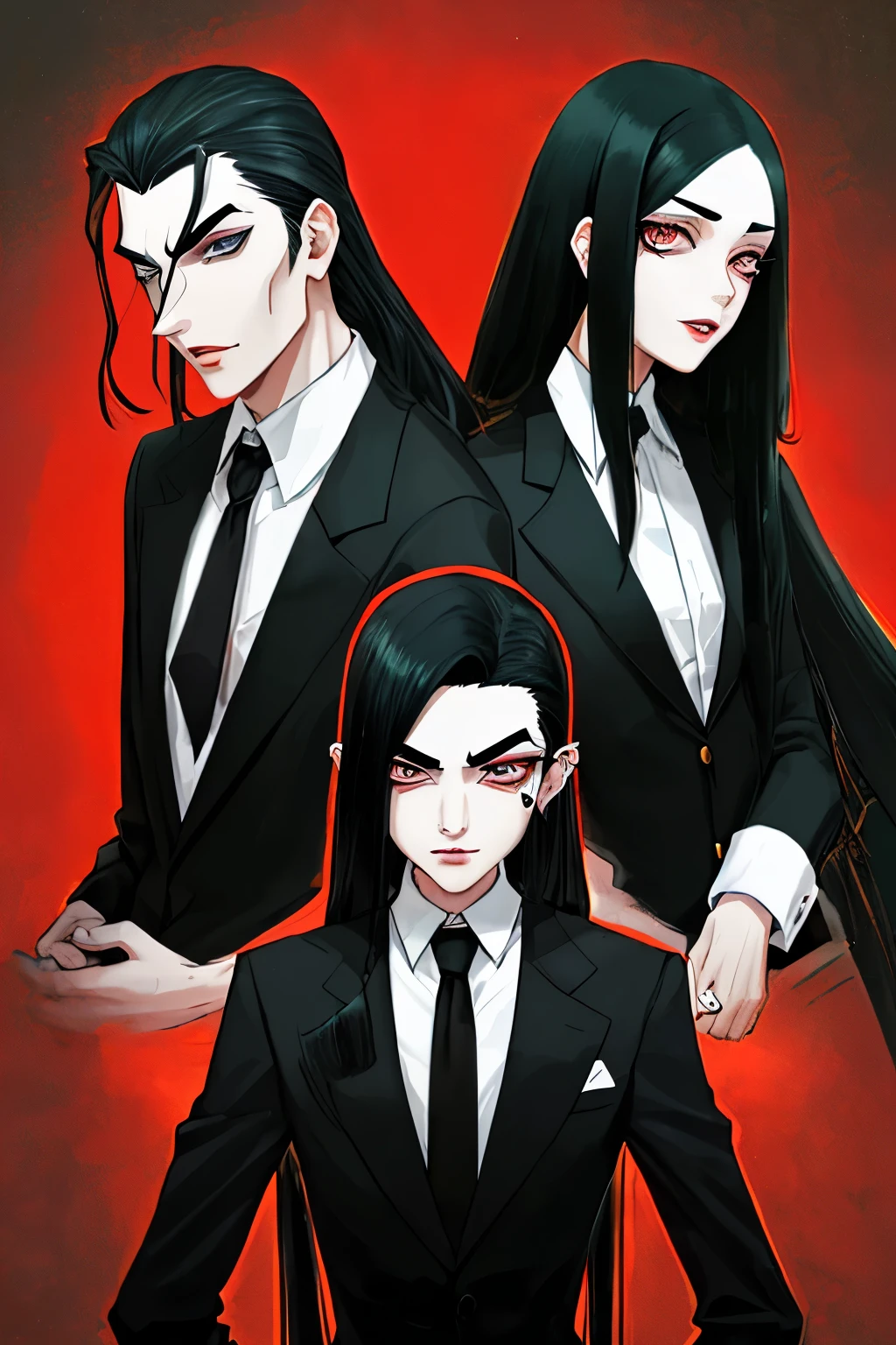 mobster, long black hair with elastic, eyebrow piercing, twin woman and man and his father and mother