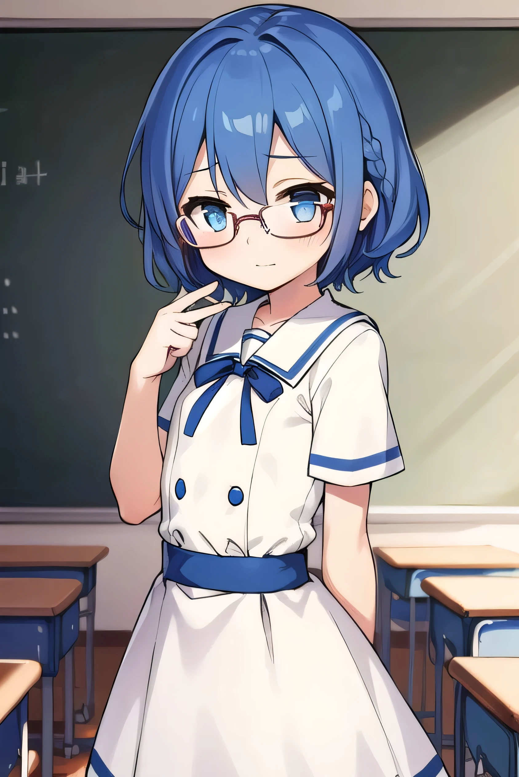 small breasted girl, short, elementary school student, blue hair, fishtail braid, blue eyes, round eyes, shy, shy, classroom, short, young face, short height, , glasses with no edges,flat chest,