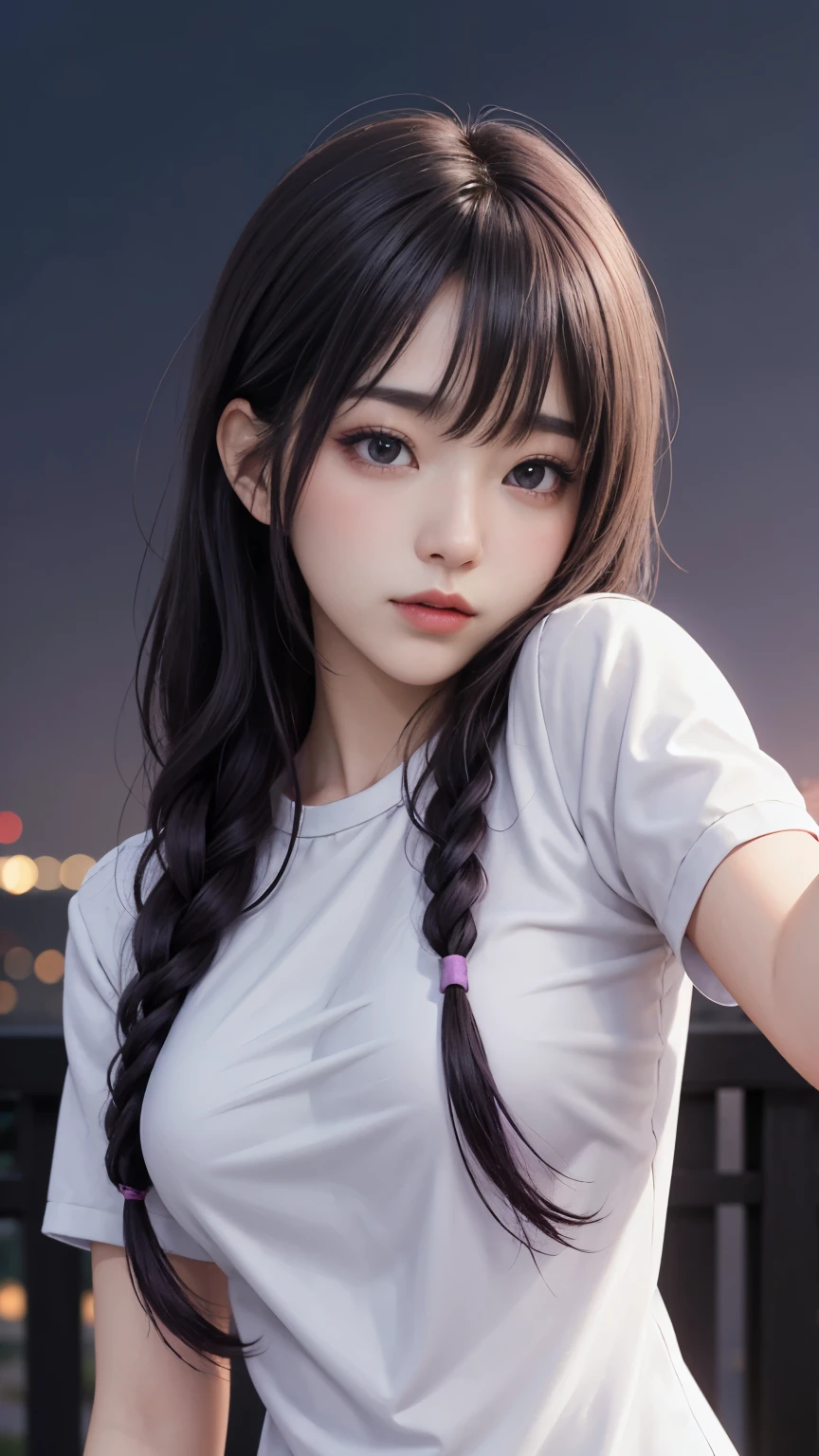 background(Black Night Sky,Big Moon),Woman close up,Wearing a white shirt、Purple Hair,Very long hair,very thick braids,Purple eyes,big , realistic girl rendering, 8k artistic german bokeh, Enchanting girl, Realistic girl, Gurwitz, Gurwitz-style artwork, Girl Roleplay, Realistic 3D style, cgstation Popular Topics,, 8K Portrait Rendering,(Faithfulness,Faithfulness:1.4),Wear pink pajamas,巨big ,Sparkling eyes,Purple eyes