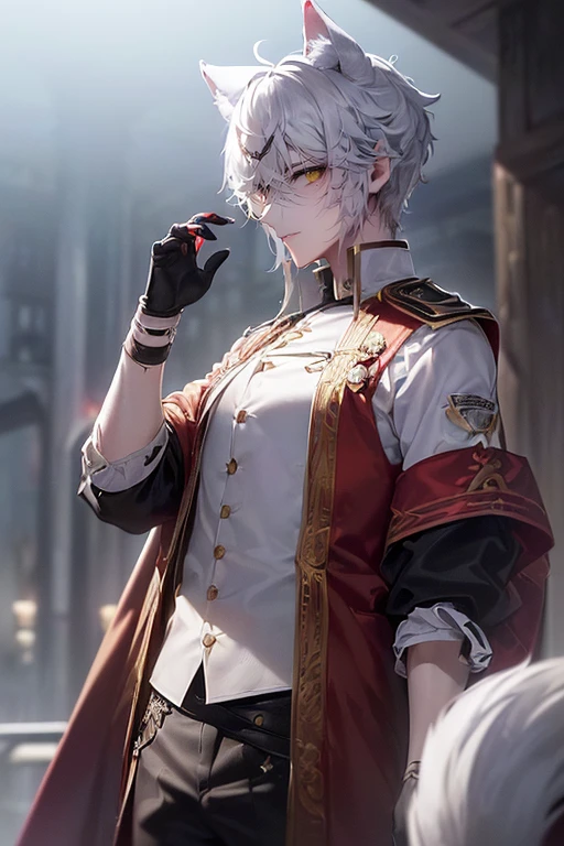 (4K works、(highest quality)、Korean Man、Adult male、((Adults 20〜30 years old))、((Adult older brother))、((white werewolf))、((Man with wolf ears))、((Looks like Hyunjin))、Cool guy、tall,((Strong Eyes))、((Cool werewolf fashion in black))、((Long sleeves and pants style))、((Make your face smaller))、thin,((Silver Short Hair))、((Heterochromia,Left eye yellow,right eye red,right eye: Red pupil,right eye glows red)),((Solo Photo))、Professional photos、((Werewolf Costume))(Absurd, High resolution, Very detailed), masterpiece, highest quality,Wolf-eared males,Short cropped hair,Short bangs,Clear, large eyes, Anime characters,White wolf anthropomorphic,good looking,youth, young,Handsome, ((Heterochromia, Left eye clear yellow, right eye紅のように赤く色付き輝く,right eye眼神,right eye眩しい目),Mysteriously shining pupils, Fantasy,mysterious , Spectacular backdrop,Octane Rendering, Beautiful Features, Beautiful and detailed eyes, Detailed face, Perfect skin texture, Extreme Detail,, Cinema Lighting, Professional Lighting, profile,Shot with a Hasselblad X1D-50, Depth of written boundary, Perfect all-round lighting, (highest quality), (masterpiece), (Super detailed),, Far away from the subject,Wolf ears don't stick out from the screen,The whole body fits on the screen,Upper body only,smile,Don't stare at the audience,Shooting subjects from high places like a drone,Don't show a close-up of your face,Sweep your side hair back,No sideburn hair