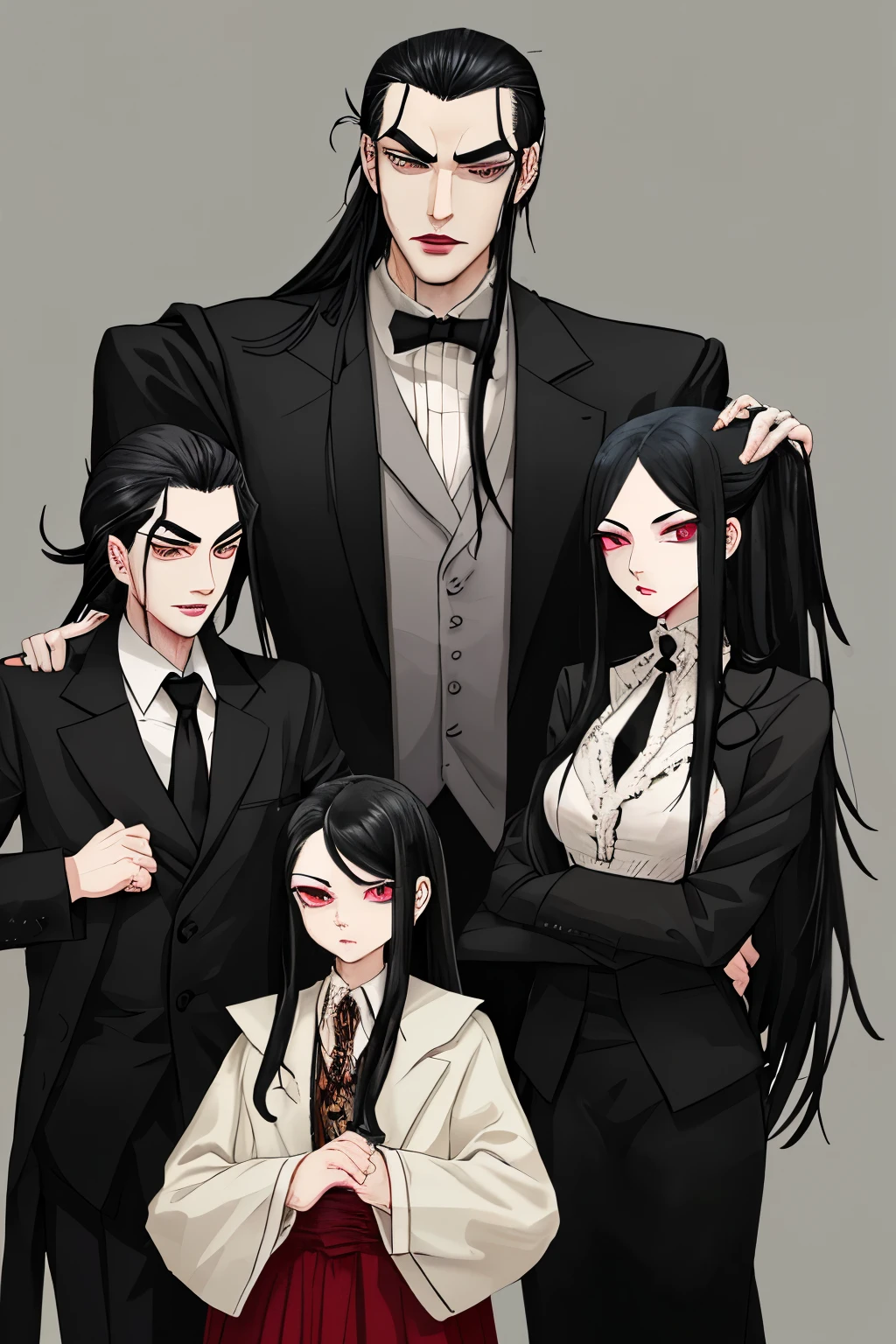 mobster, long black hair with elastic, eyebrow piercing and his father and mother  