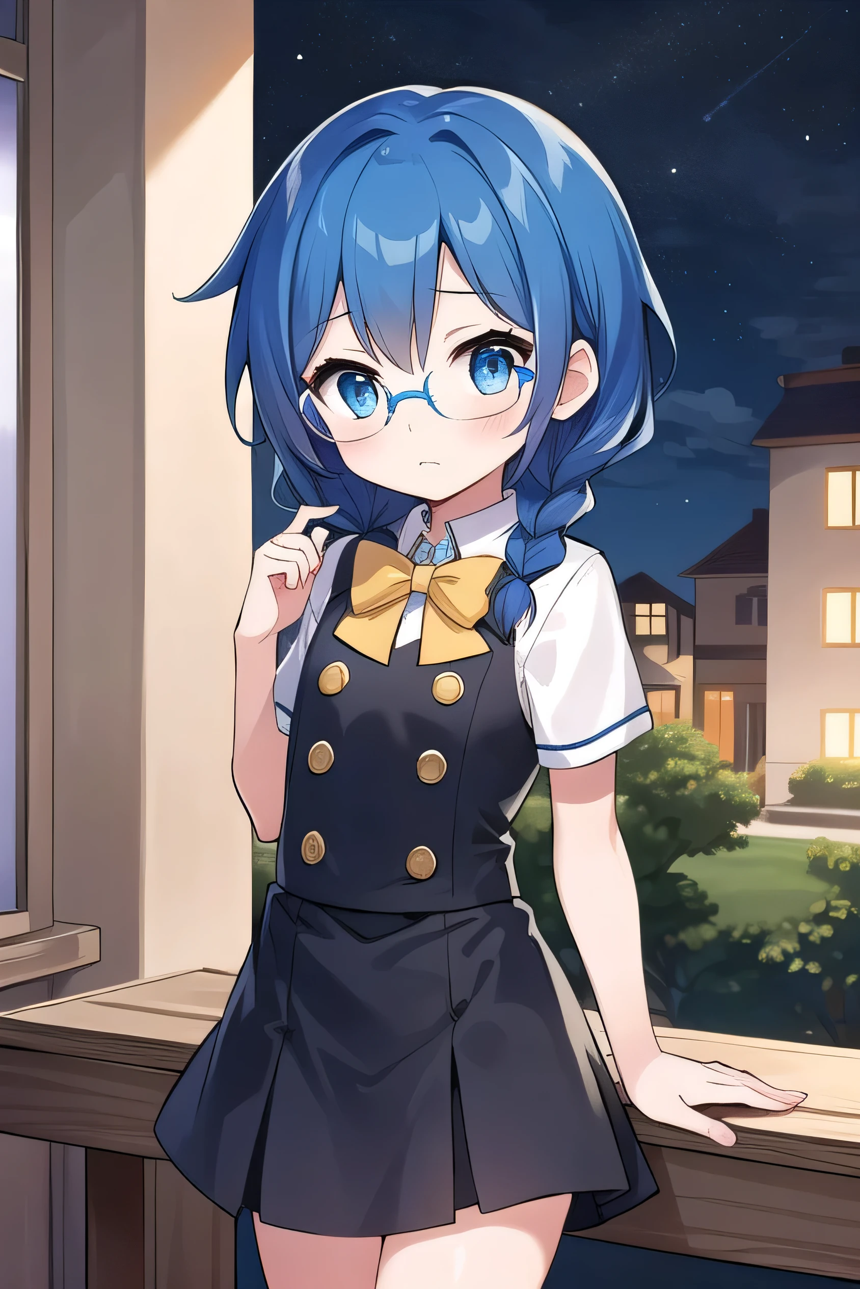 small breasted girl, short, elementary school student, blue hair, fishtail braid, blue eyes, round eyes, shy, shy, , short, young face, short height, , glasses with no edges,flat chest,night,park