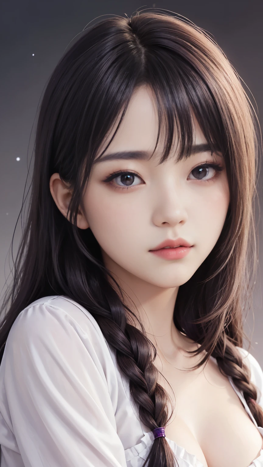 background（Black Night Sky，Big Moon），Woman close up，Wearing a white shirt、Purple Hair，Very long hair，very thick braids，Purple eyes，big ， realistic girl rendering, 8k artistic german bokeh, Enchanting girl, Realistic girl, Gurwitz, Gurwitz-style artwork, Girl Roleplay, Realistic 3D style, cgstation Popular Topics,, 8K Portrait Rendering,（Faithfulness，Faithfulness：1.4），Wear pink pajamas，巨big ，Sparkling eyes，Purple eyes