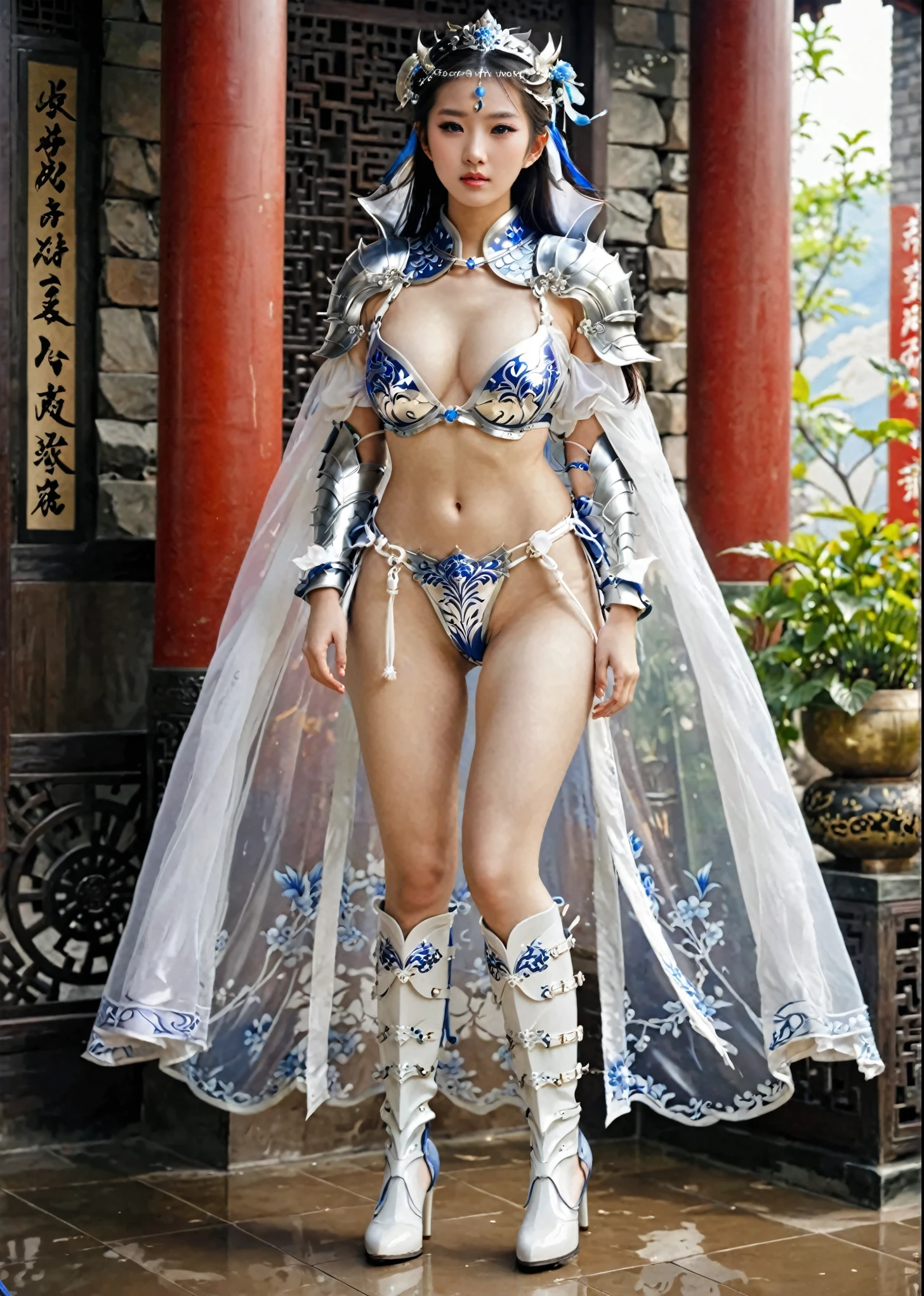 chinese princess, Full body armor, Sexy blue white bikini armor, long legged girl, Put on blue and white boots