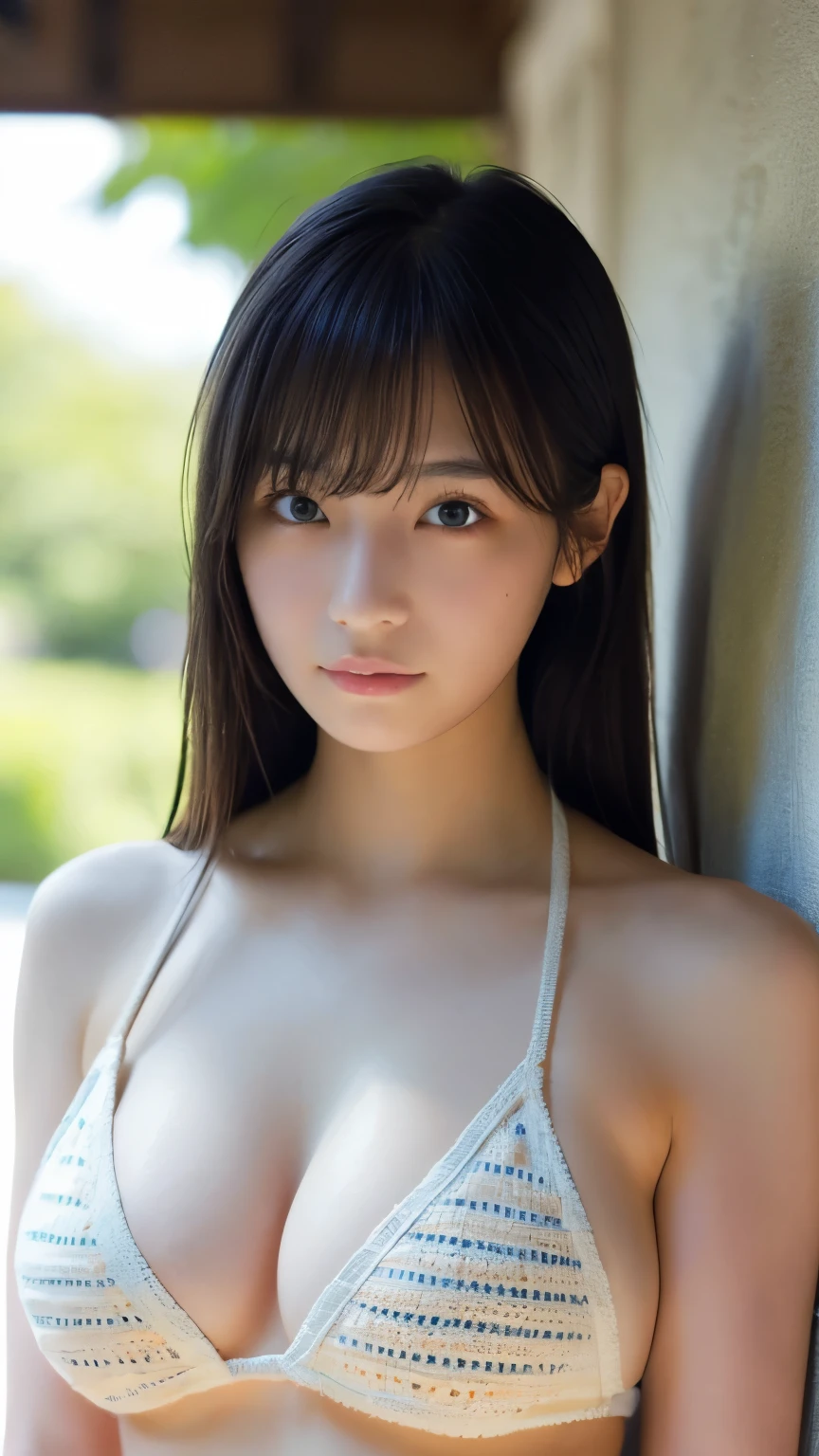 1girl, depth of field, first-person view, f/1.8, 135mm, Nikon, UHD, retina, masterpiece, ccurate, anatomically correct, textured skin, super detail, high details, high quality, best quality, highres, 1080P, HD, 4K, 8k, big breasts, upper body, ，Bust Size 90cm, Tank Top Bikini, Cafe, Frustrated, Crochet
