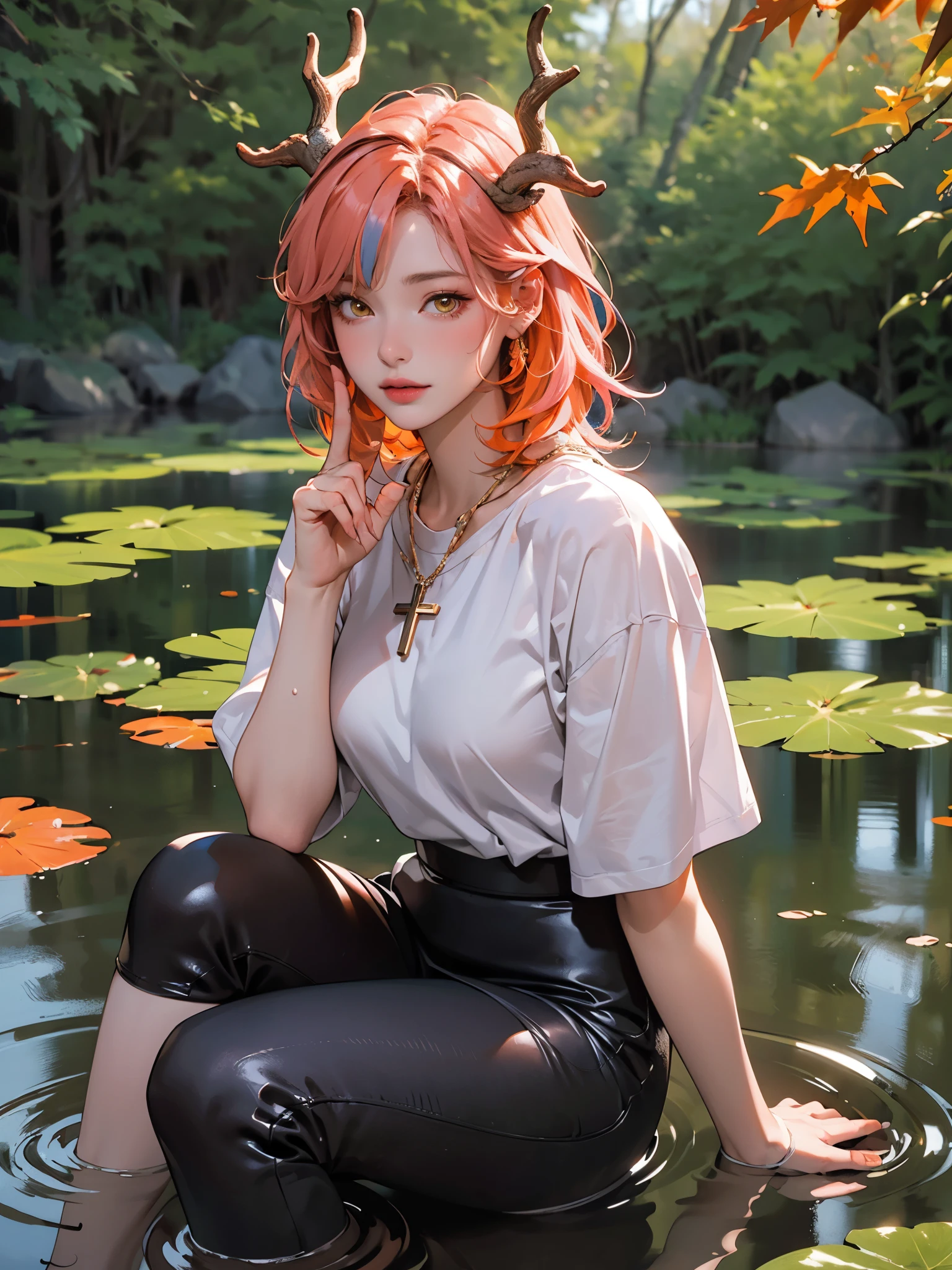 1girl, sitting, forest, messy dry hair, wide short sleeve, giant cross pendant, skirt, legging, one hand up, gold-trimmed sleeve, looking at viewer, pond, swamp, water surface, autumn weather, water stream, little waterfall, sitting on trunk, peaceful, dreamy lighting, water ripple, ultra detailed, beautiful and aesthetic, masterpiece, best quality, elegant, vivid colors, (realistic:1.3), (orange hair:pink hair:1.2), multicolored hair, gradient hair, voluminous hair, yellow eyes, maple antlers, hair ribbon, orange dress, sharp focus, 