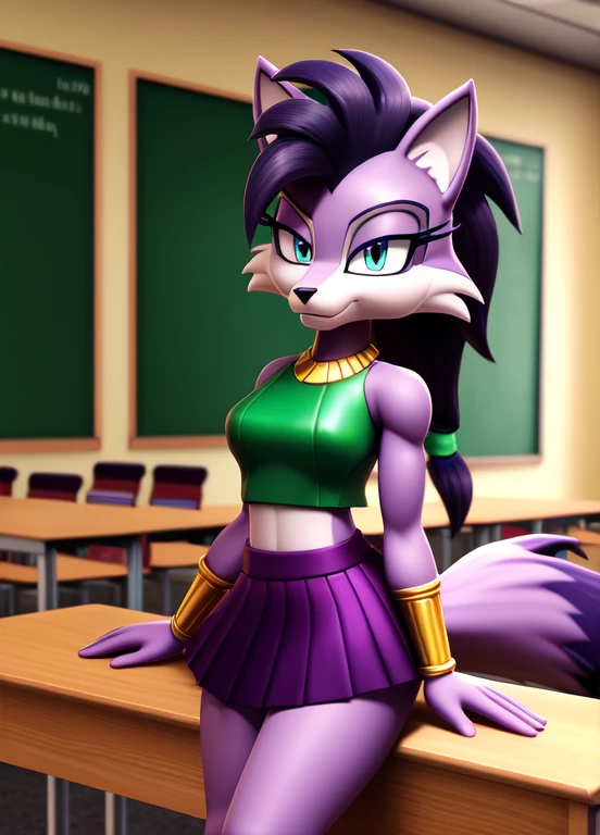 Masterpiece, high quality, studio quality, intricate details, 4k, 1girl, Lupe the Wolf, medium breasts, crop top, pleated skirt, in a classroom, ((best quality)), ((masterpiece)), (detailed)