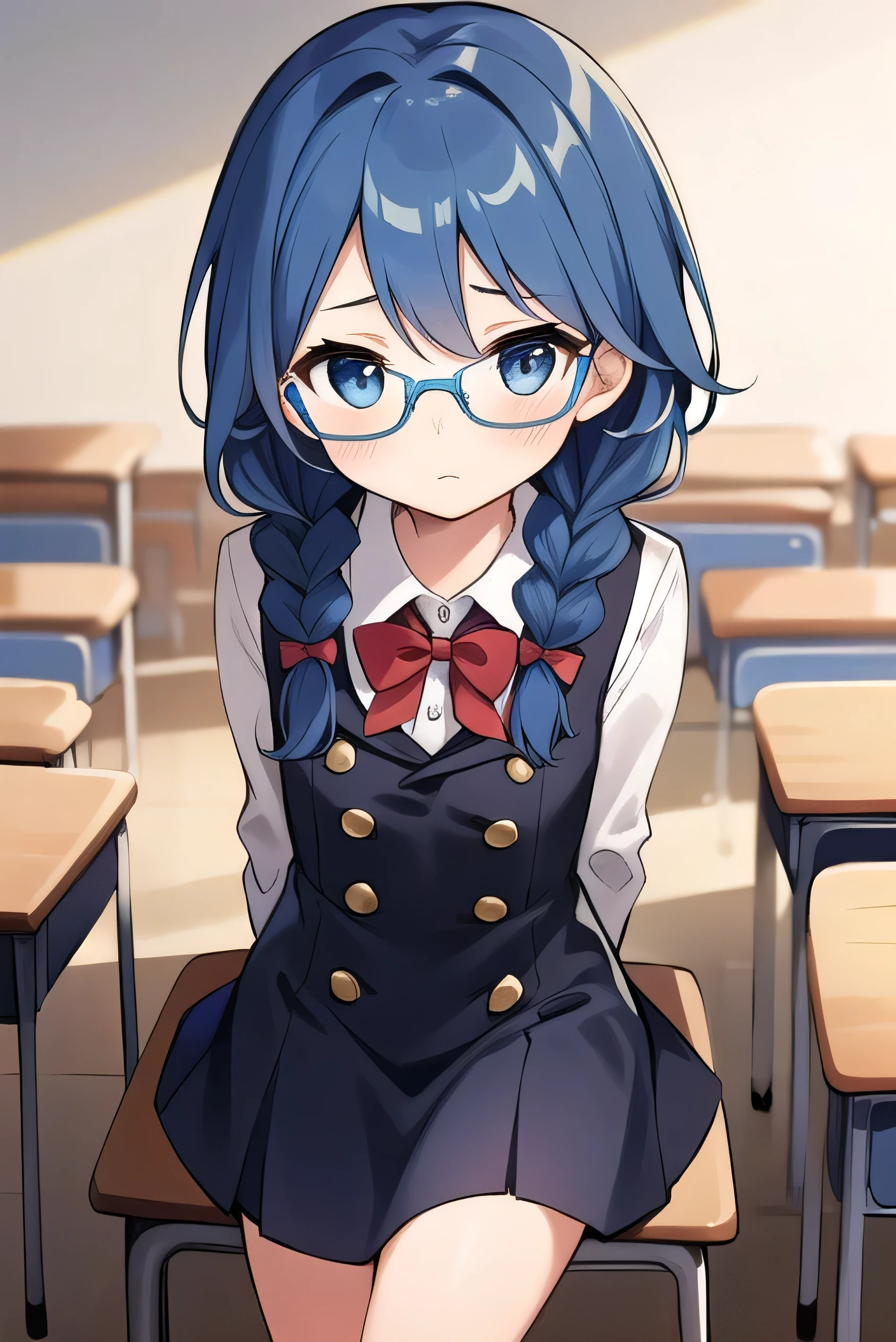small breasted girl, short, elementary school student, blue hair, fishtail braid, blue eyes, round eyes, shy, shy, classroom, short, young face, short height, , glasses with no edges,flat chest,