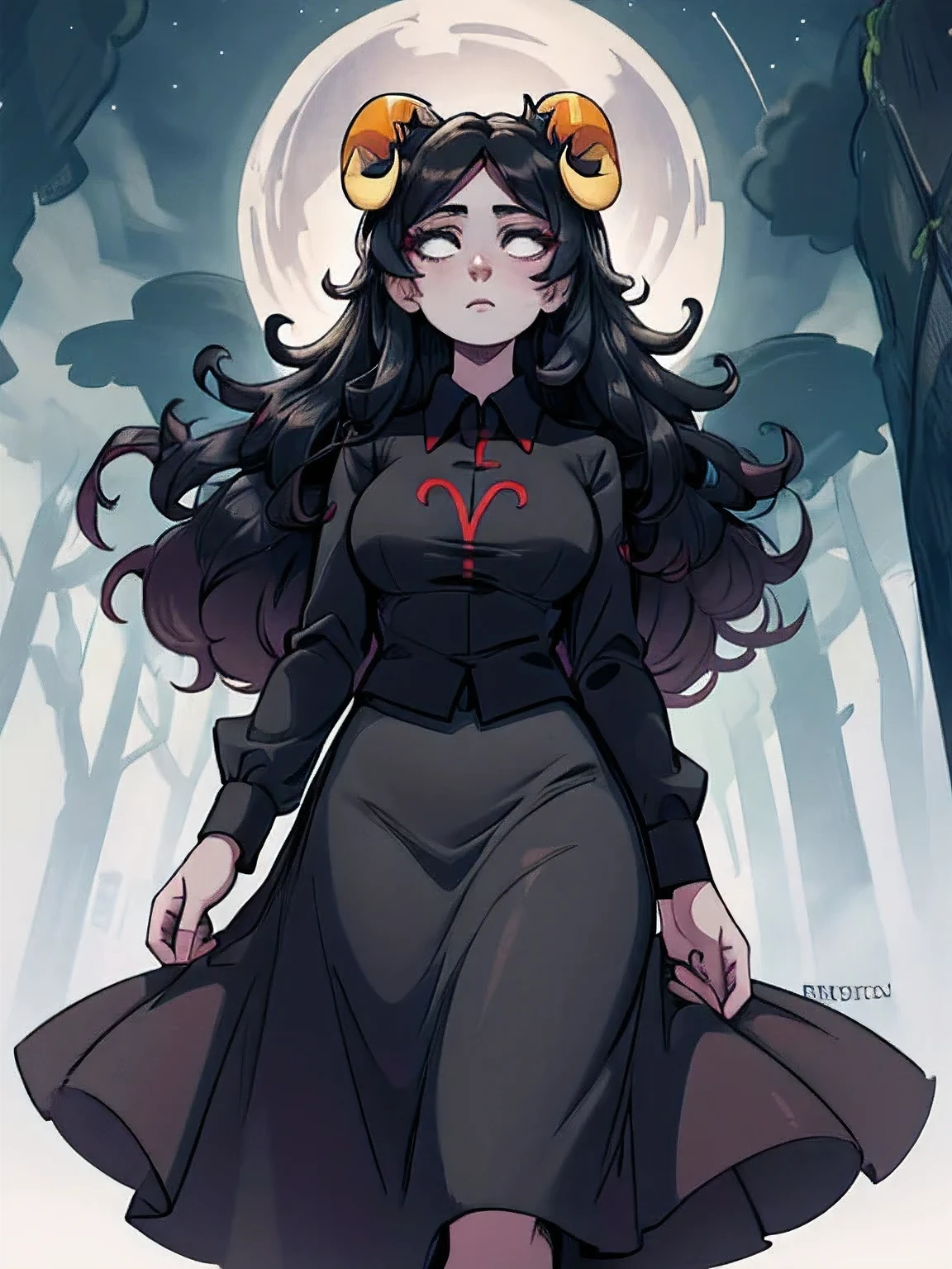 portrait, aradia, (horns), gray skin, long hair, large breasts, mature, (from_below), black eyes, galena, night, forest, collared shirt, long skirt, black clothing