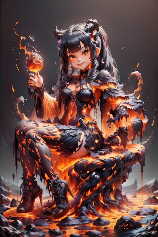 a demon girl smiling made entirely of lava, (magic lava clothes), (magic lava heels), (((sfw)))