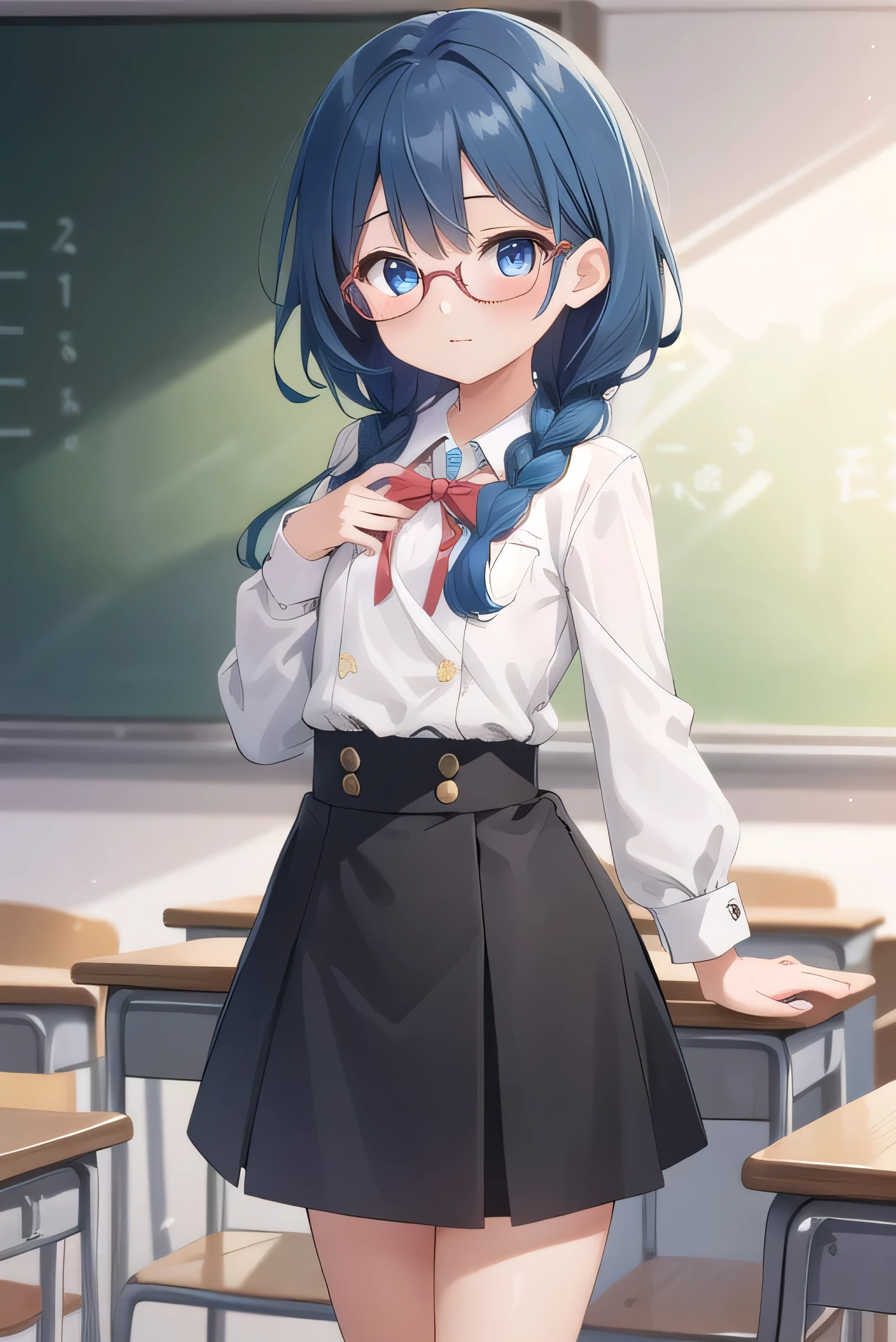 small breasted girl, short, elementary school student, blue hair, fishtail braid, blue eyes, round eyes, shy, shy, classroom, short, young face, short height, , glasses with no edges,flat chest,