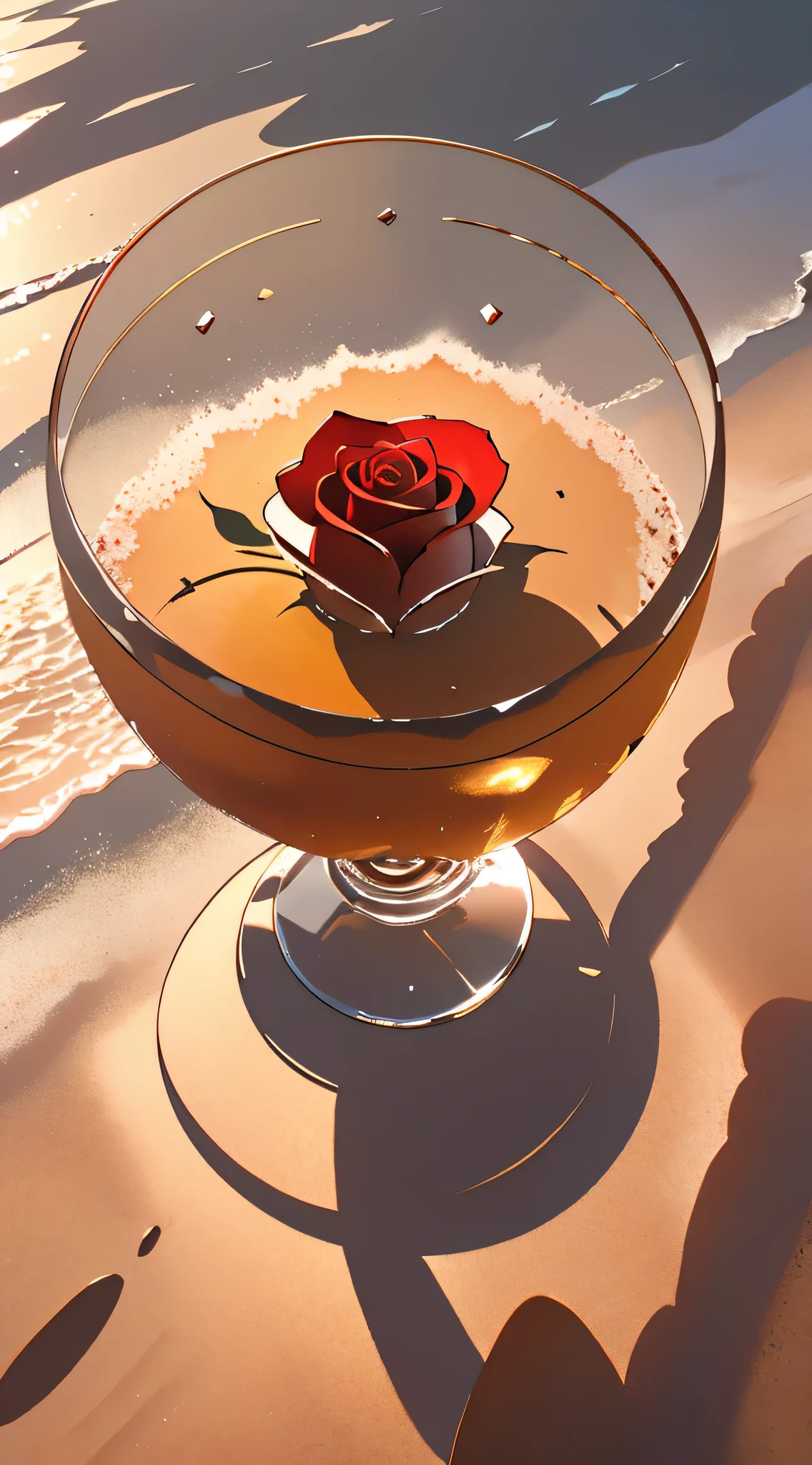 The sun reflected in the crystal glass on the beach, Mountain々Against the backdrop of, Regular classic shaped glasses, Opened from above, Under, Next to the glass, It is a red rose, High-quality, realistic photos