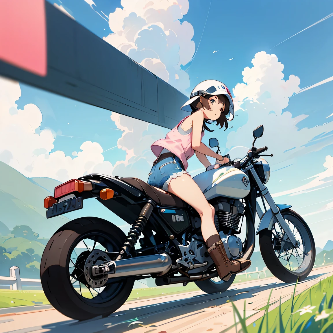 Highest quality、A girl is riding a white Super Cub、Dark brown short cut、(He is wearing a jet helmet with white and black lines running down the center of the helmet from front to back.、White tank top、Pink jacket、Denim shorts、White knee-high socks、Brown work boots:1.3)、Japanese countryside scenery、Road beside the stream、Small creek、Dirt Road、Weeds grow along the side of the road、Blue sky、White clouds floating、Early summer sky、