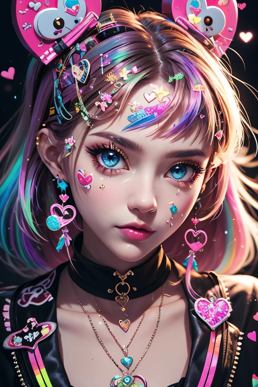 This is a Harajuku street-style masterpiece with extreme detail. Generate a trendy ((decora)) cyberpunk woman (standing) in the colorful and chaotic streets of Akihabara, Tokyo in the style of decora street style. The woman's decora and Harajuku street clothes are vibrant, with a mix of textures, neon colors, and inventive layering. Include oversized accessories like cute heart stickers on the woman's face, colorful hair clips and ribbons in different colors and sizes, and dynamic jewelry. (Her eyes are important) and should be symmetrical and detailed with interesting coloring and patterns. Include (iridescence) and (shimmer), glittering light, glowing neon signs, LED lights, (ultra detailed), dynamic composition