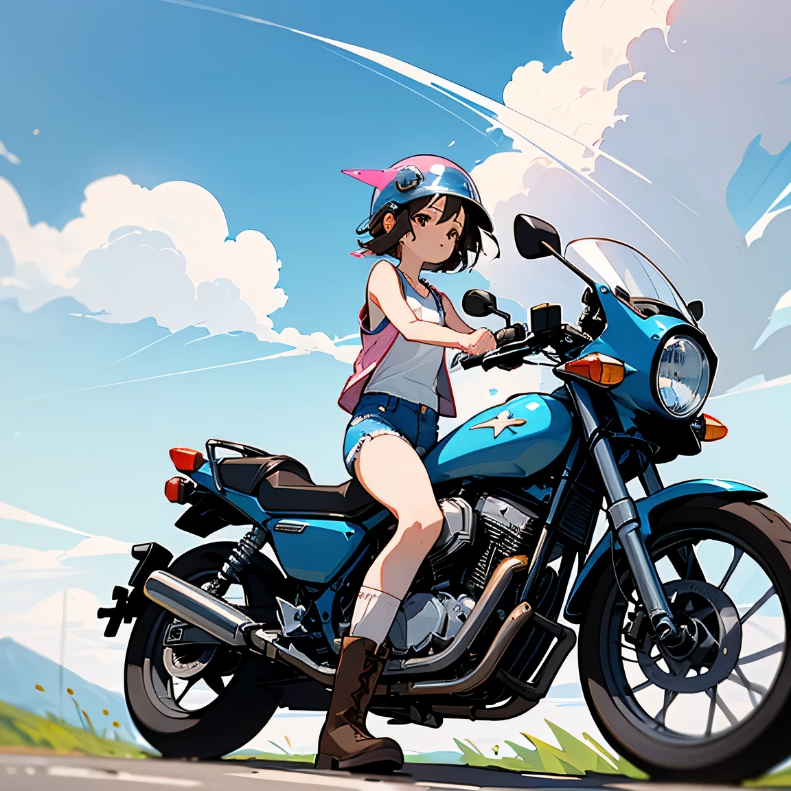 Highest quality、A girl is riding a white Super Cub、Dark brown short cut、(He is wearing a jet helmet with white and black lines running down the center of the helmet from front to back.、White tank top、Pink jacket、Denim shorts、White knee-high socks、Brown work boots:1.3)、Japanese countryside scenery、Road beside the stream、Small creek、Dirt Road、Weeds grow along the side of the road、Blue sky、White clouds floating、Early summer sky、