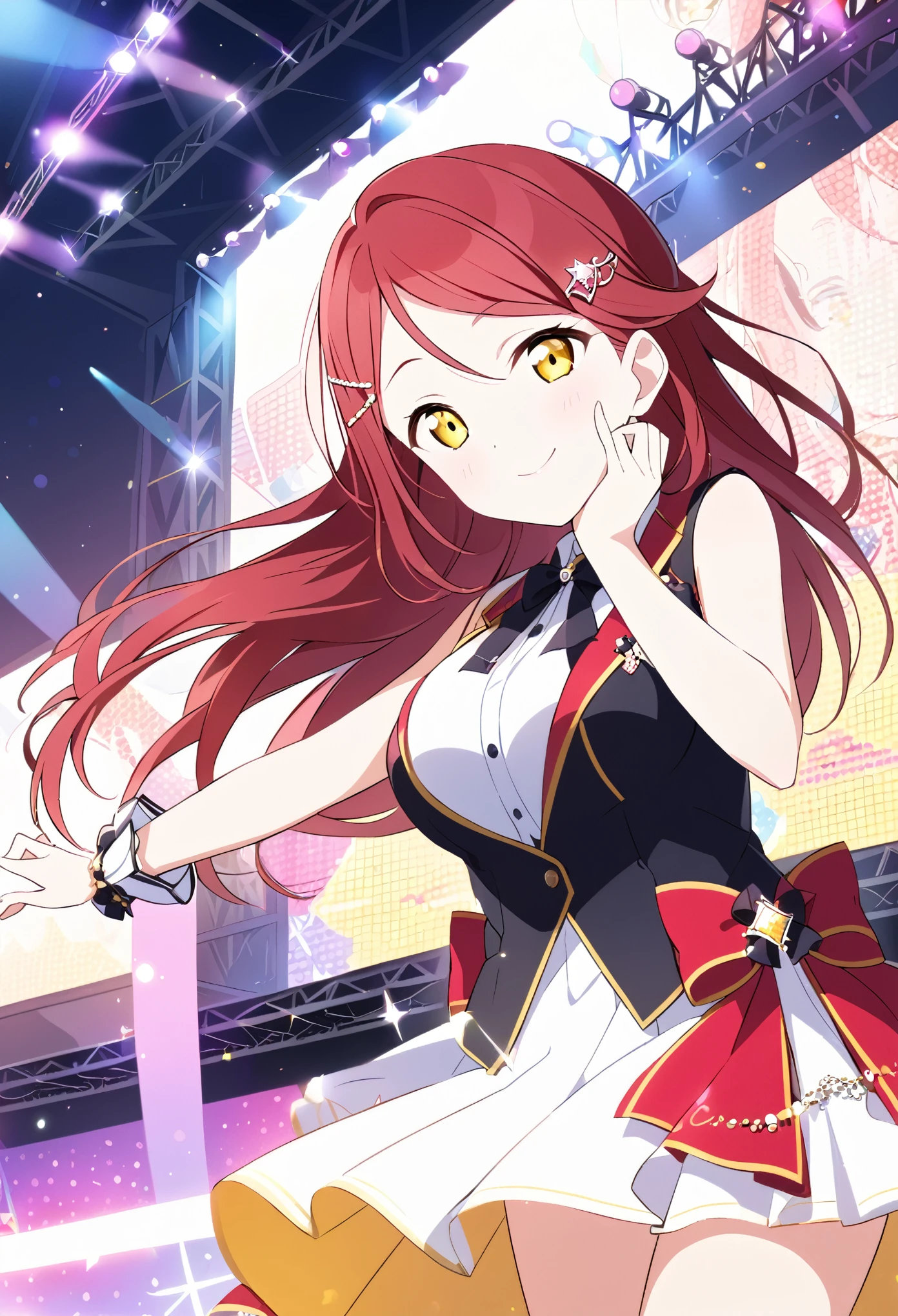 riko sakurauchi, long hair, hair ornament, (yellow eyes:1.3), red hair, hairclip,,, live stage, large Breasts, Formal dress smile　solo

