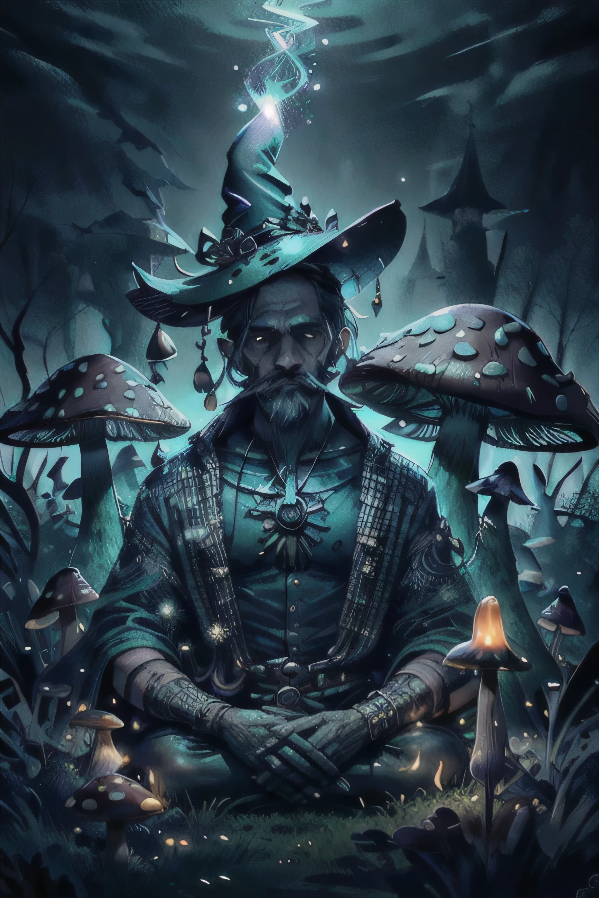 (best quality, masterpiece:1.2), 8k detailed cgi render, thick outlines, strong shadows, (1man, muscular adult european male:1.2), teal eyes, brown hair, long mustache,
portrait, solo, (full body:0.6), looking down, detailed background, detailed face, (WitchcraftPunkAI theme:1.1) smile, mushroom druid, sitting, (style-sylvamagic:0.8), (Style-SwampMagic:0.4), mushroom themed light green clothing, natural, swirling magical energy in the air, druidic, moss, magical glowing mushrooms, field of mushrooms, living mushrooms, growth, mushroom garden in background, eerie dark night, blue magical lights, ethereal atmosphere,