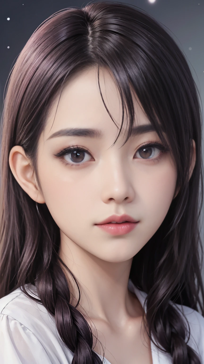 background(Black Night Sky,Big Moon),Woman close up,Wearing a white shirt、Purple Hair,Very long hair,very thick braids,Purple eyes,big , realistic girl rendering, 8k artistic german bokeh, Enchanting girl, Realistic girl, Gurwitz, Gurwitz-style artwork, Girl Roleplay, Realistic 3D style, cgstation Popular Topics,, 8K Portrait Rendering,(Faithfulness,Faithfulness:1.4),Wear pink pajamas,巨big ,Sparkling eyes,Purple eyes