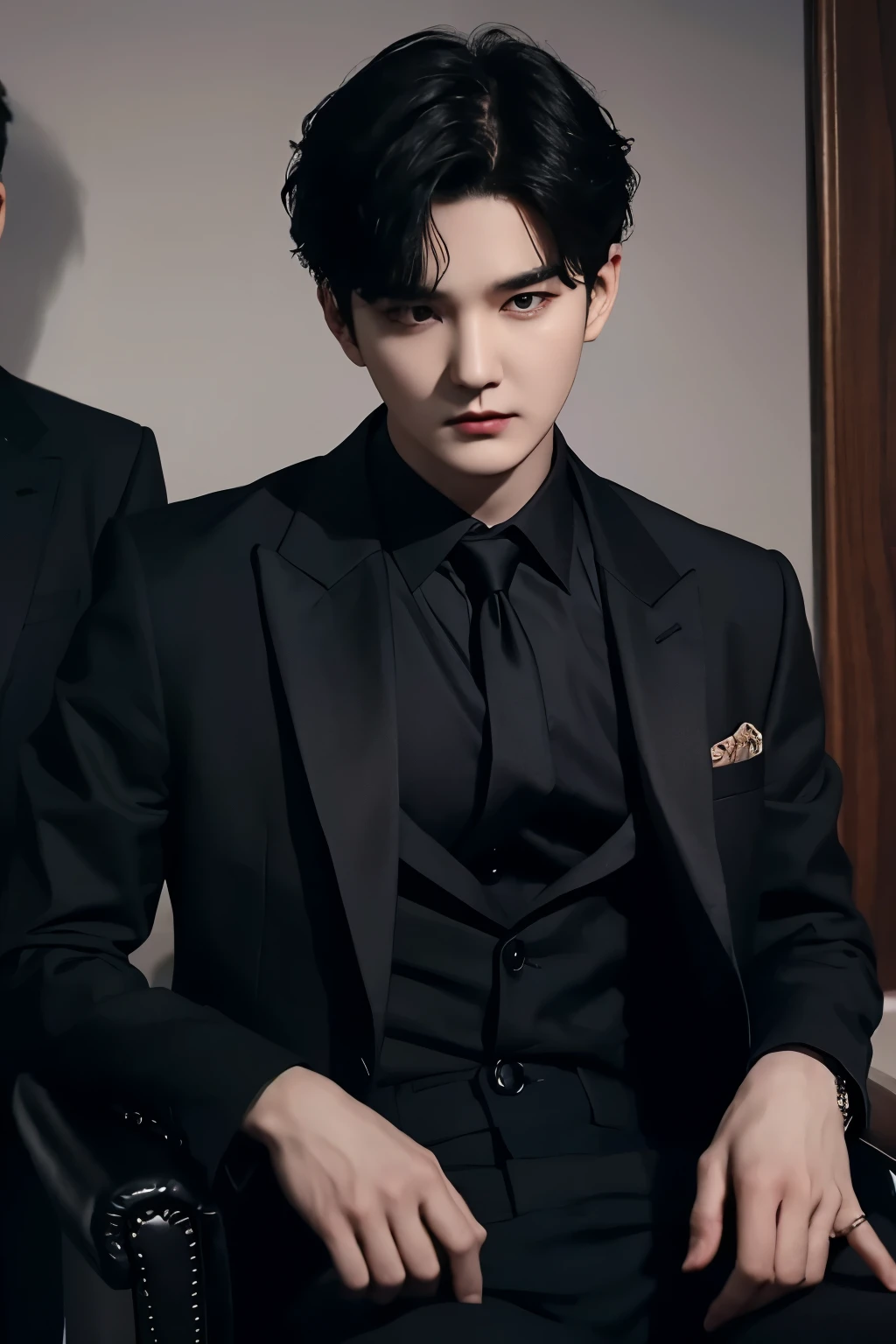 A black haired Min Yoongi exuding mafia and demon vibes #### Example prompt: `(best quality,4k,8k,highres,masterpiece:1.2),ultra-detailed,(realistic,photorealistic,photo-realistic:1.37),portrait,close-up` #### Details: - The main subject of the image is Min Yoongi, with black colored hair. - He exudes mafia and demon vibes, which can be conveyed through his facial expression, clothing, and overall demeanor. - The image should be of the highest quality, with ultra-detailed features and a realistic and photorealistic appearance. - The focus should be on creating a portrait of Min Yoongi, possibly with a close-up shot to capture his features. - The color palette should emphasize the black color of his hair, with other complementary colors to enhance the overall aesthetic. - Lighting should be used strategically to enhance the mood and capture the desired mafia and demon vibes. Note: Remember to adhere to the prompt format and avoid adding any unnecessary explanations or sentences. 30 years old. eyes color black. kill look. combed hair, no bangs in front, mafia and demon style